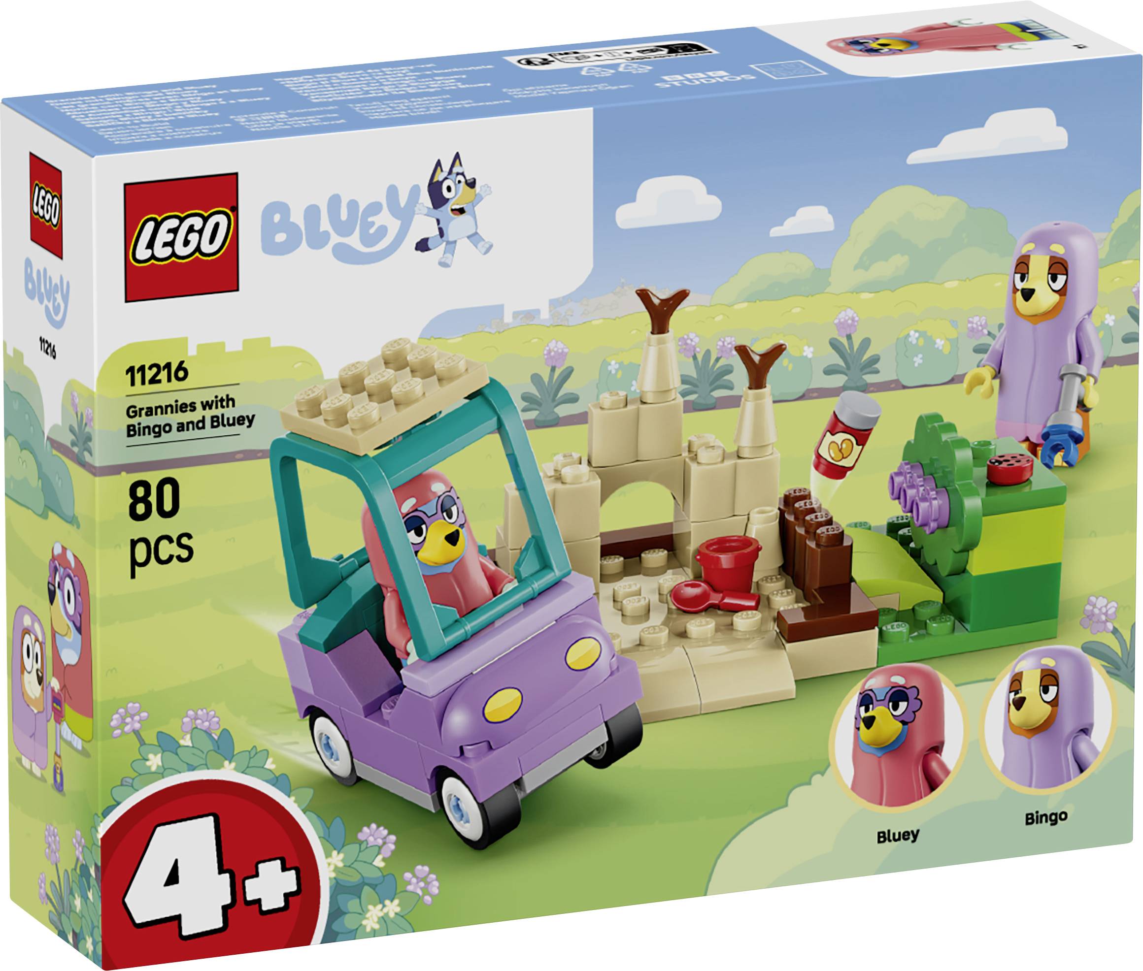 LEGO Bluey set 11216, 'Grannies with Bingo and Bluey,' 80 pieces, 4+; box art shows a purple car with Bingo, Bluey, and picnic accessories.