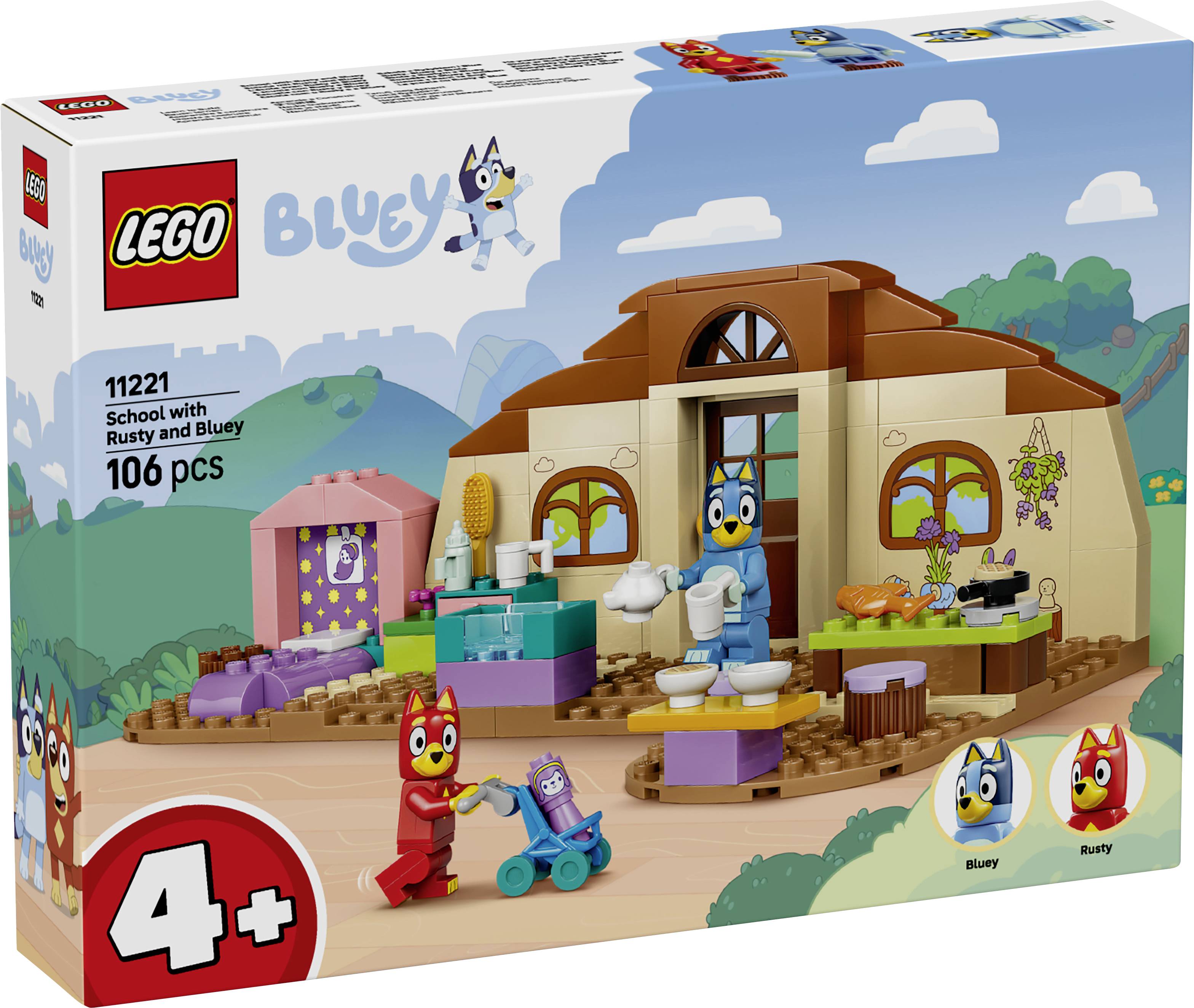LEGO Bluey 'School with Rusty and Bluey' set box art, showing a small school building with Bluey and Rusty figures; 106 pieces, ages 4+