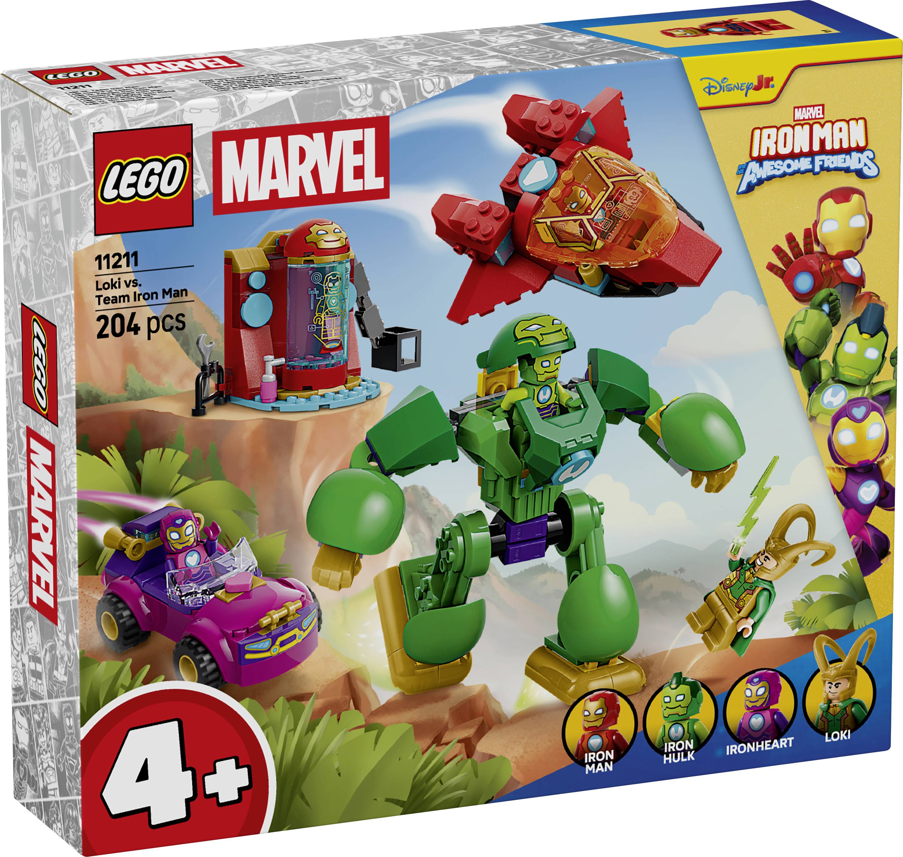 LEGO Marvel 4+ 'Iron Man and his Awesome Friends' set box, showing buildable Iron Man, Iron Hulk, Ironheart and Loki figures.