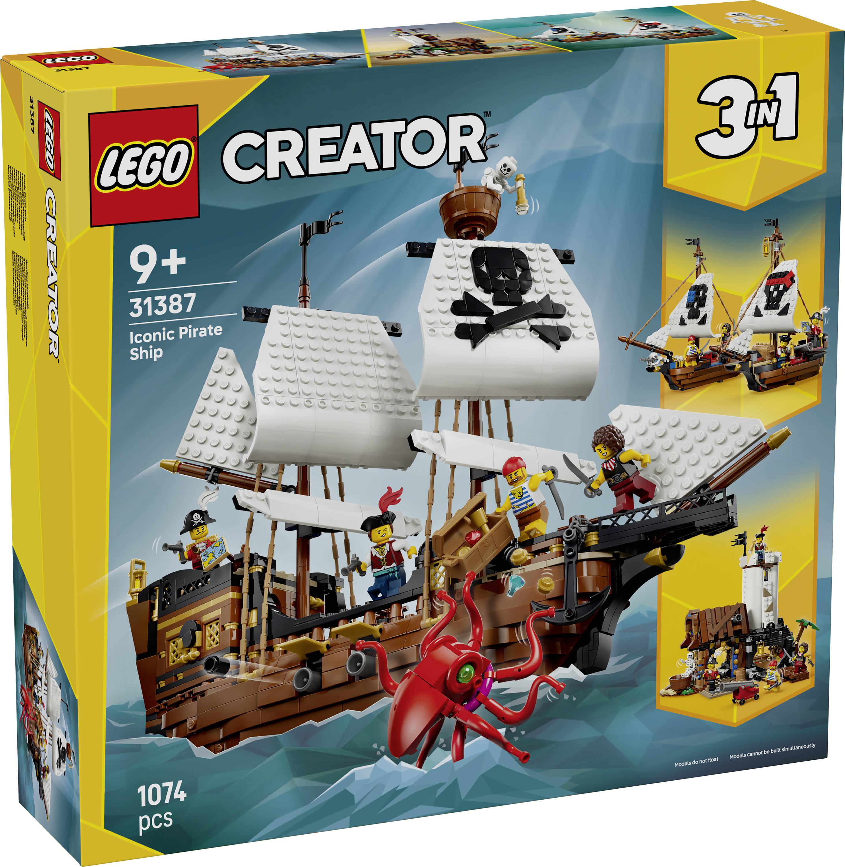 LEGO Creator 3-in-1 'Iconic Pirate Ship' set box art showing a pirate ship with minifigures, sea creature, and alternate builds.