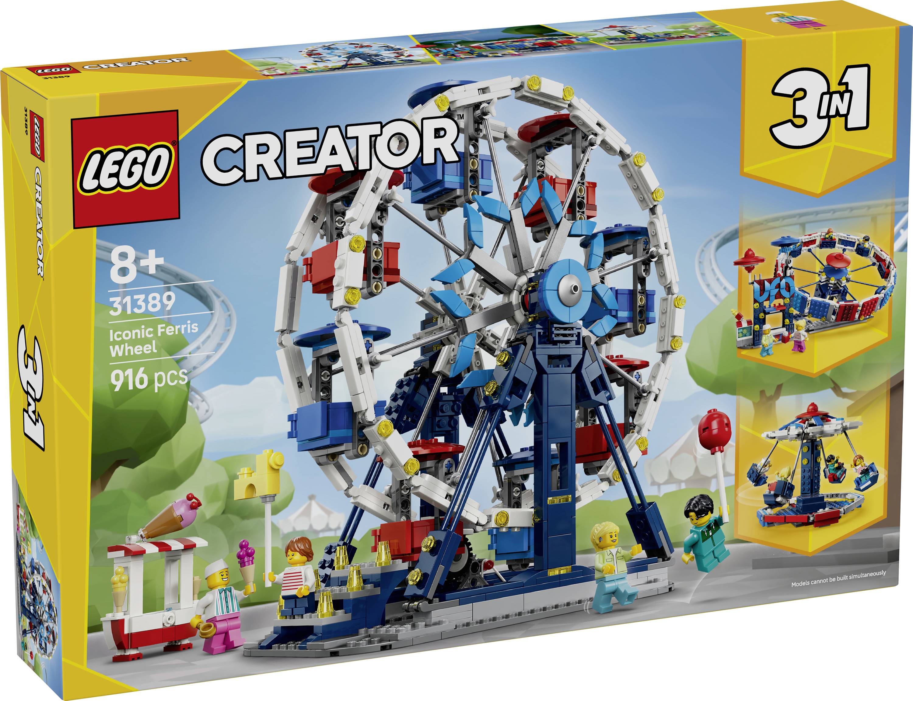 LEGO Creator 3-in-1 Ferris Wheel set box, showing a large blue-and-white Ferris wheel and small minifigures; age 8+, 916 pieces, set 31389.