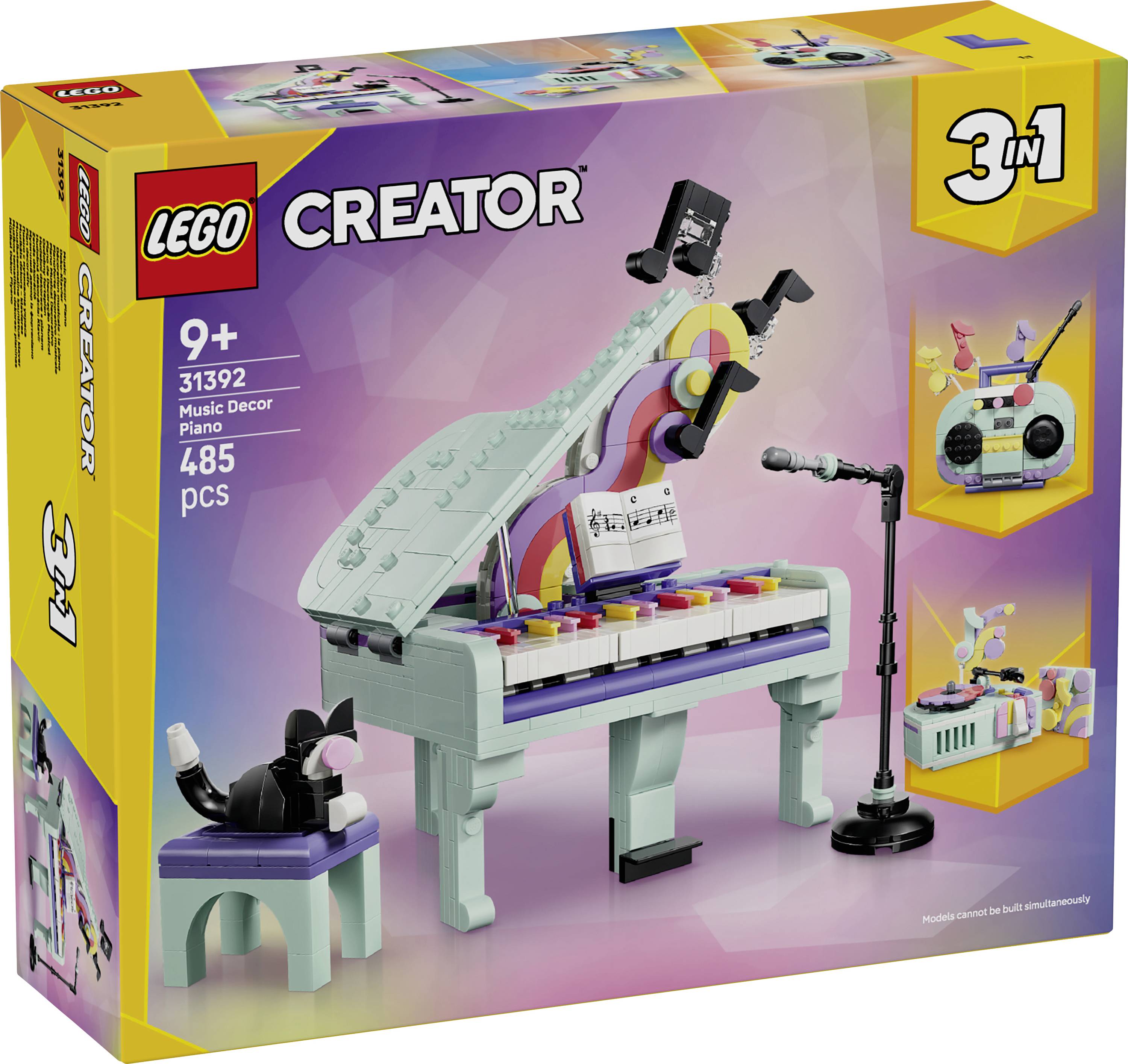 LEGO Creator 3-in-1 Music Deer Piano set box showing a pastel piano, stool, microphone, and alternate build images; ages 9+, 485 pieces.