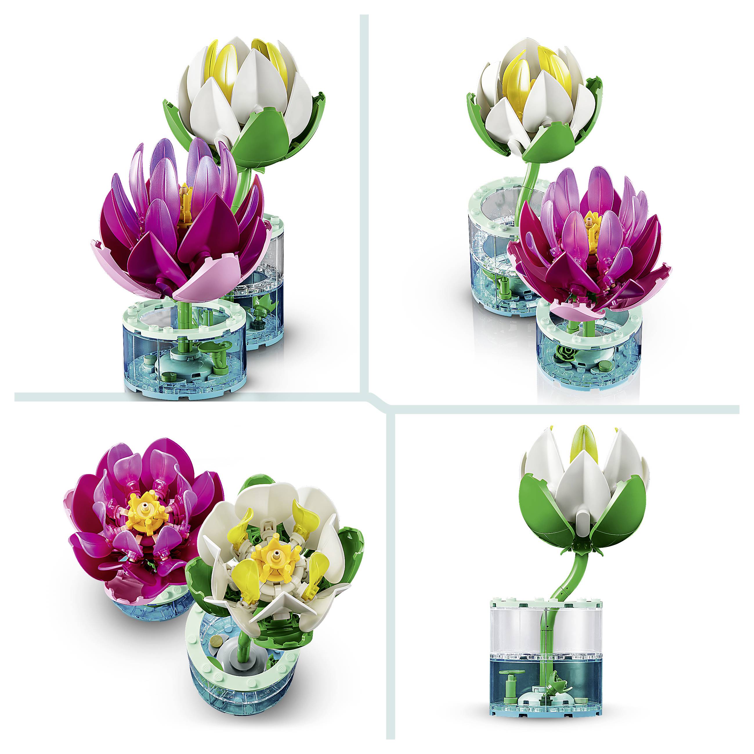 Collage of LEGO-style lotus flowers in clear blue bases, showing pink, white, and yellow blooms in different arrangements.