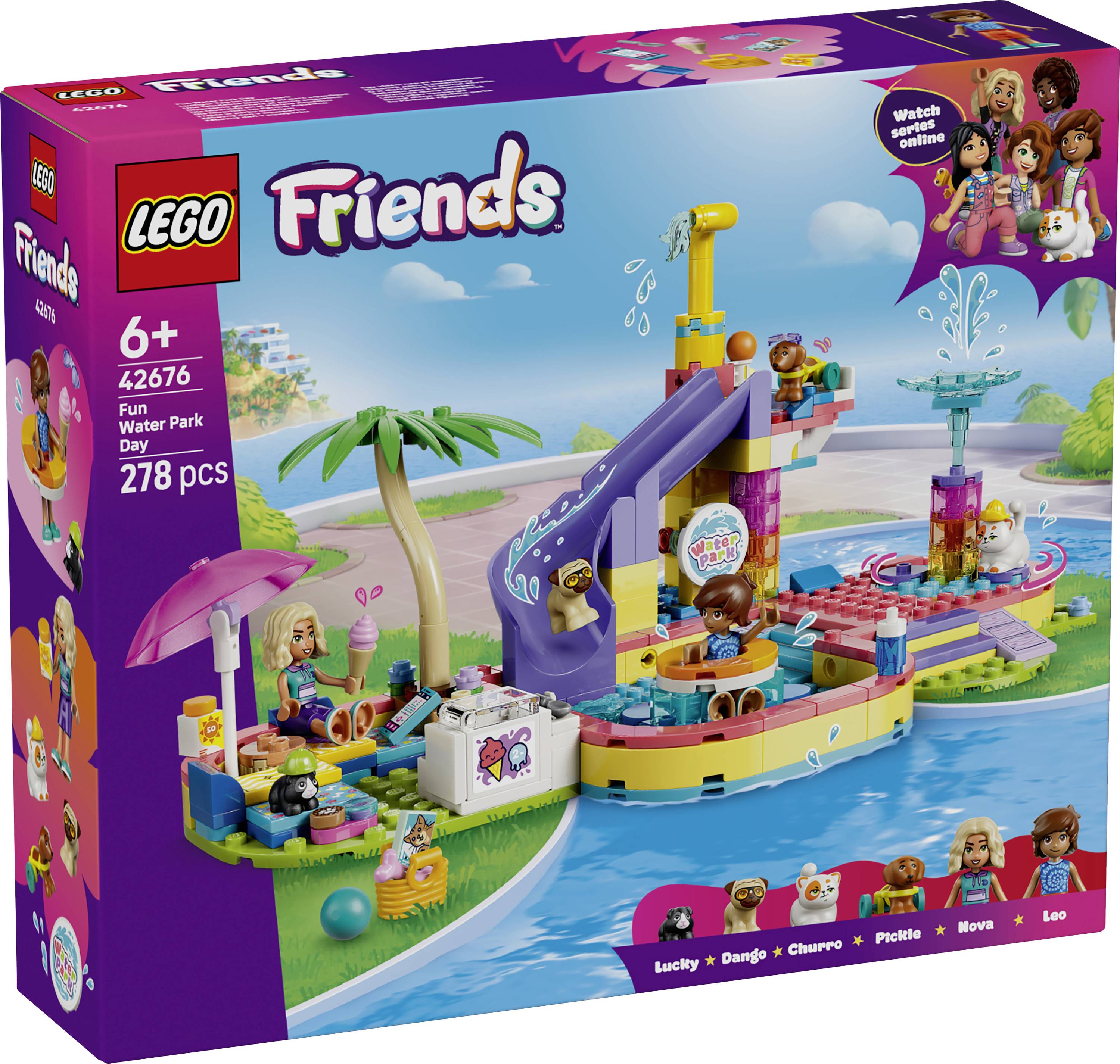 LEGO Friends Fun Water Park Day set box, showing a colorful water park play scene with slides, pool, minifigures, 278 pieces, ages 6+