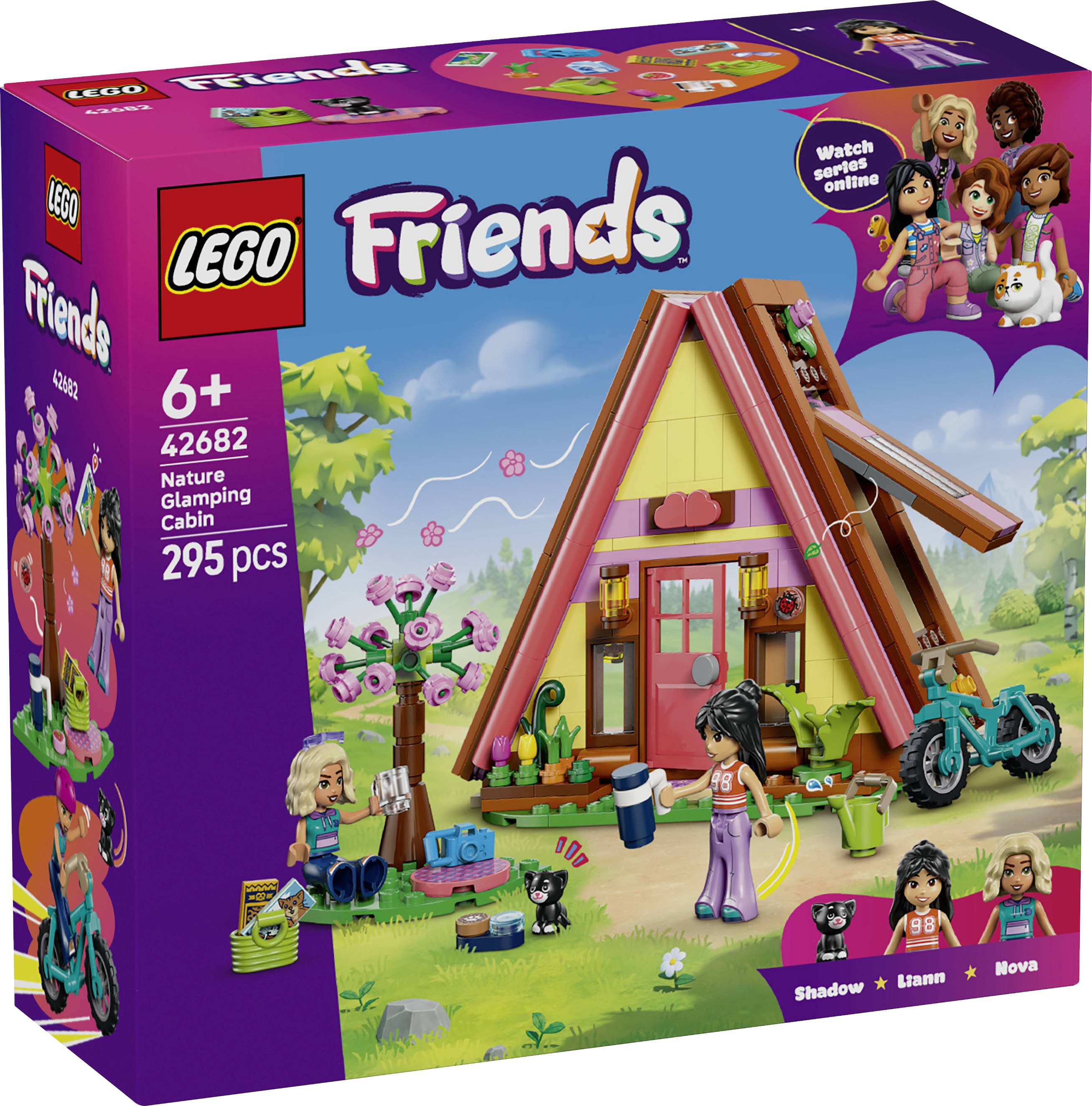 LEGO Friends Nature Glamping Cabin set box, showing an A-frame cabin scene with minidolls, bike, and accessories; 295 pieces, ages 6+