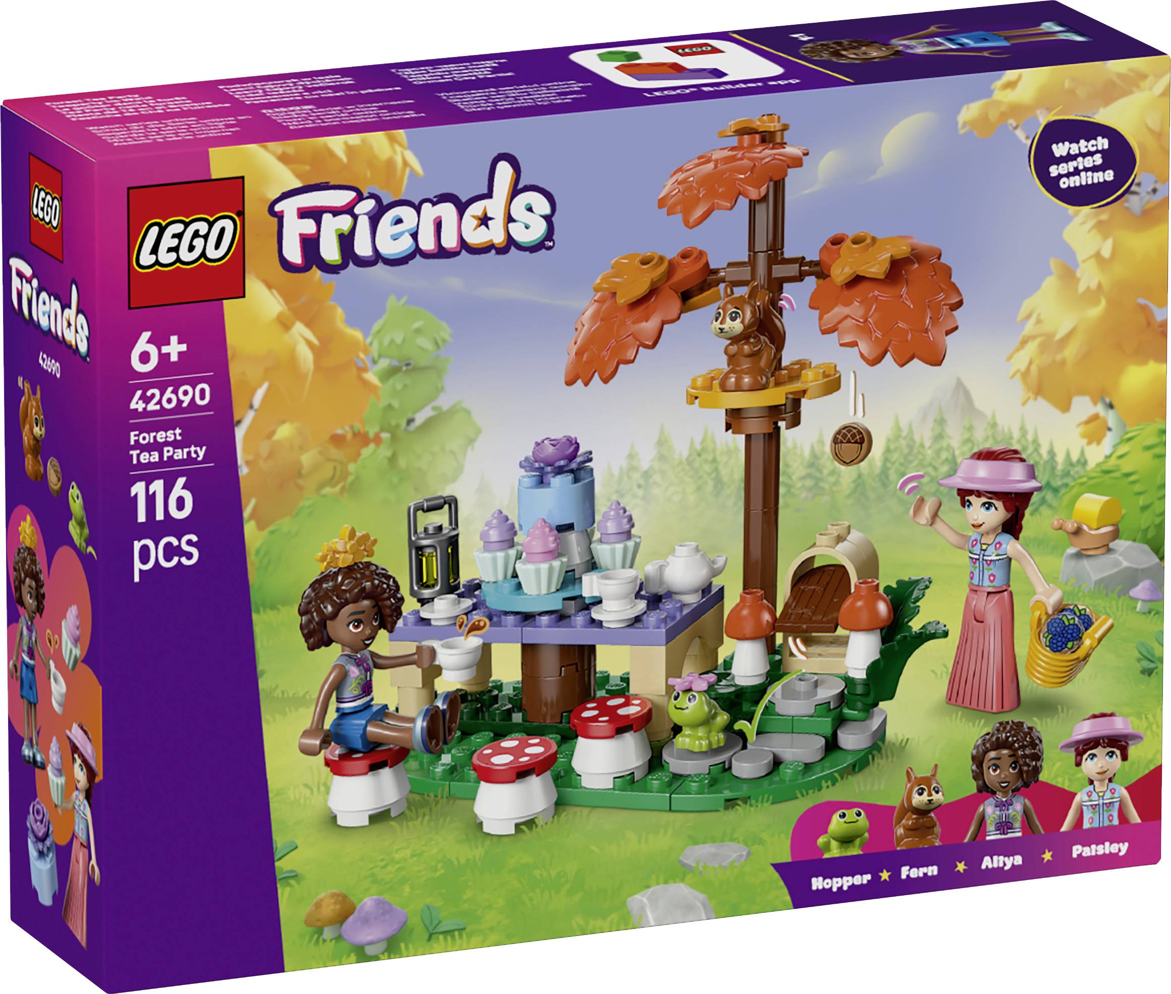 LEGO Friends Forest Tea Party set box showing a tree, tea table, minidolls, and animals; labeled 6+, 42690, 116 pieces.