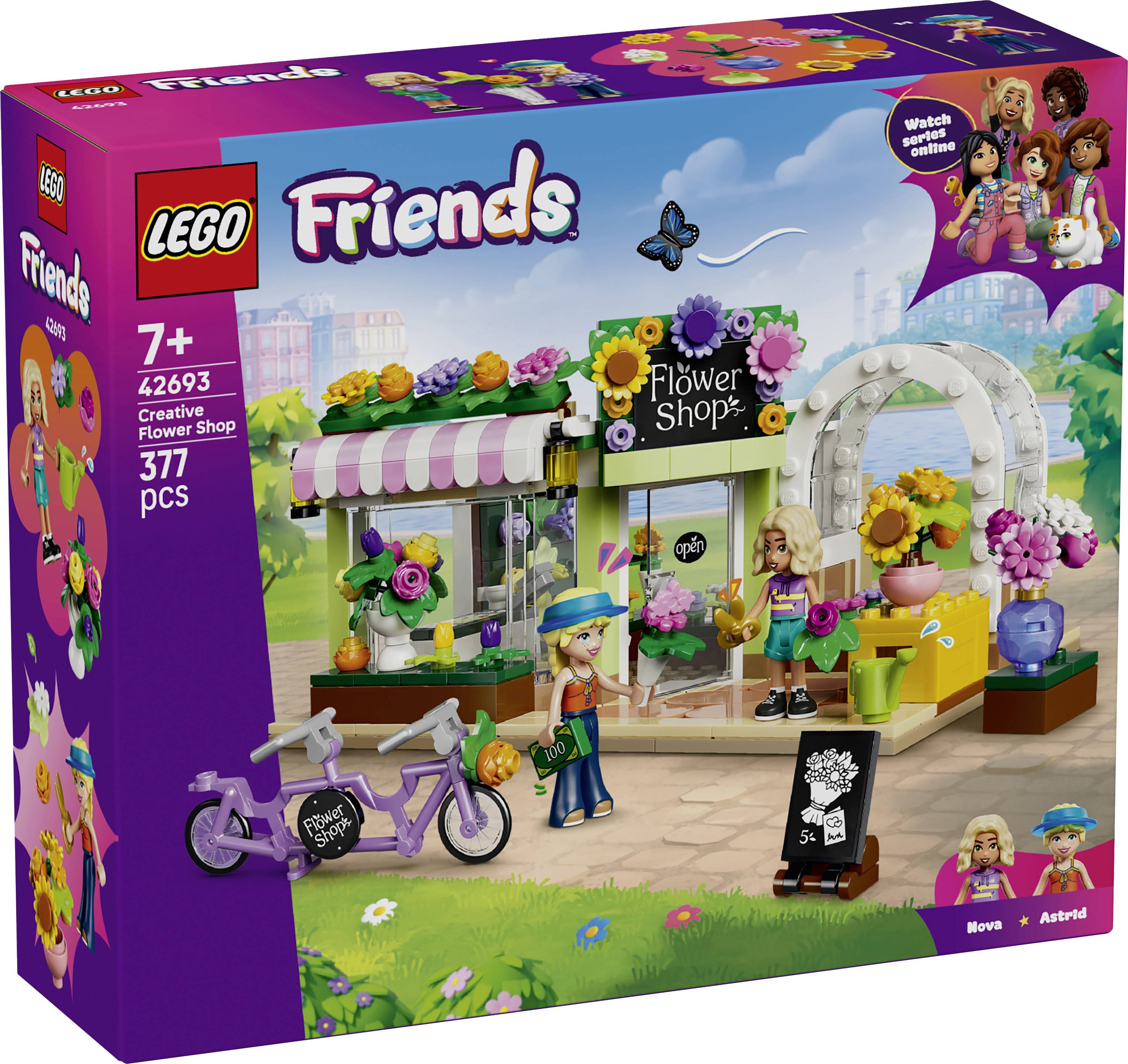 LEGO Friends Creative Flower Shop building set box, showing a flower shop, two mini-dolls, and a purple bicycle; 377 pieces, ages 7+.