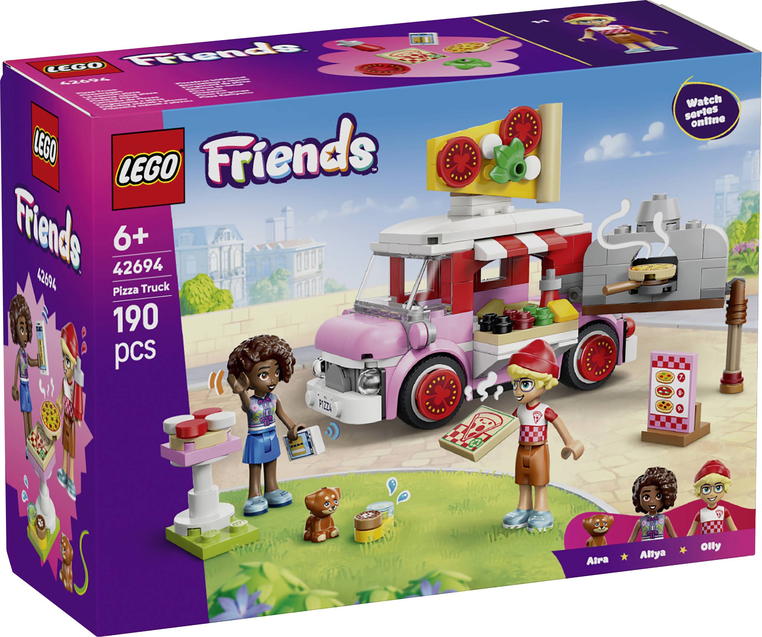 LEGO Friends Pizza Truck set box showing a pink pizza truck with mini-dolls and 190 pieces, labeled 42694 for ages 6+