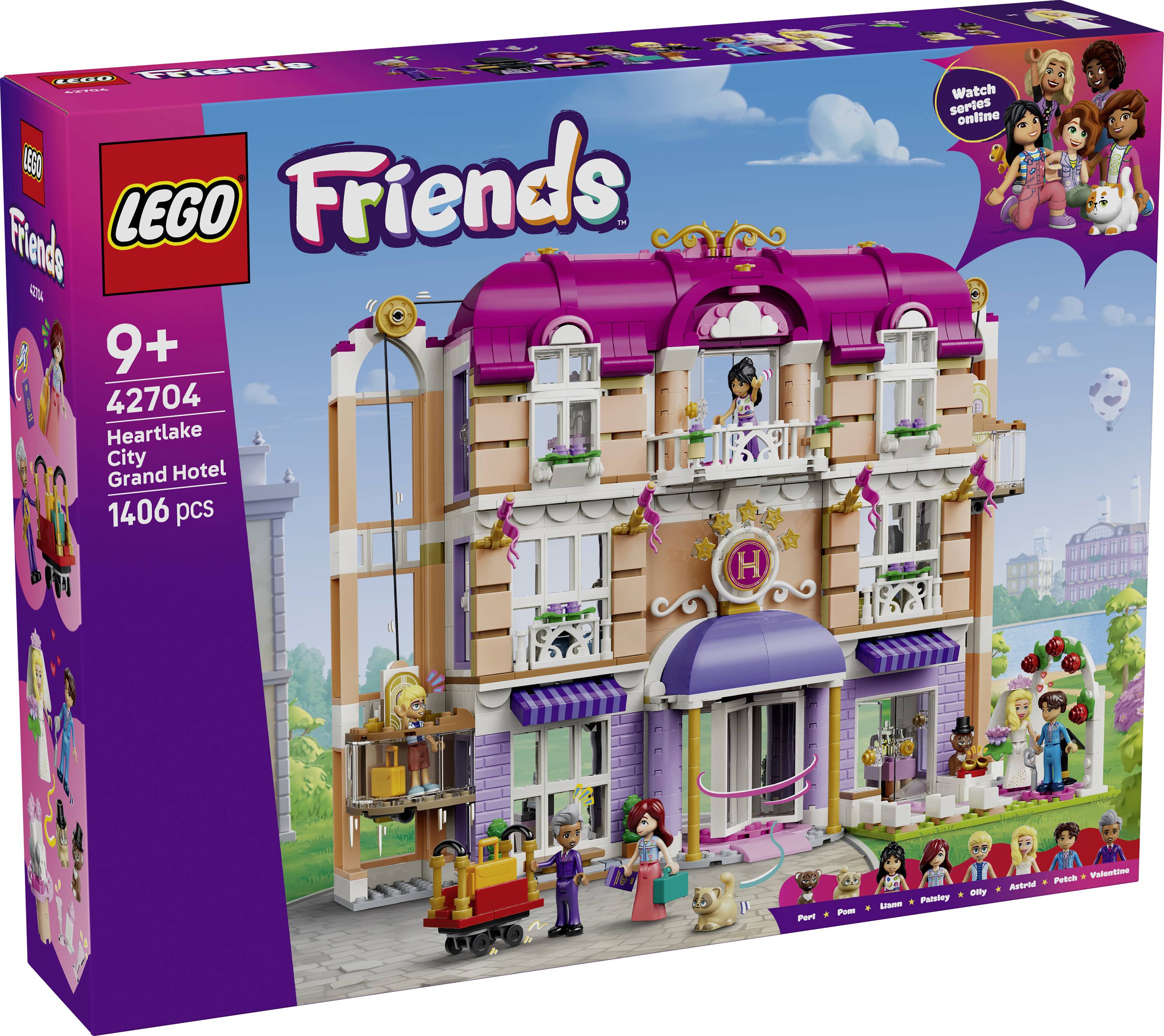 LEGO Friends Heartlake City Hotel set box art showing a colorful three-story hotel, minidolls, and labeled ages 9+, set 42704, 1406 pieces.