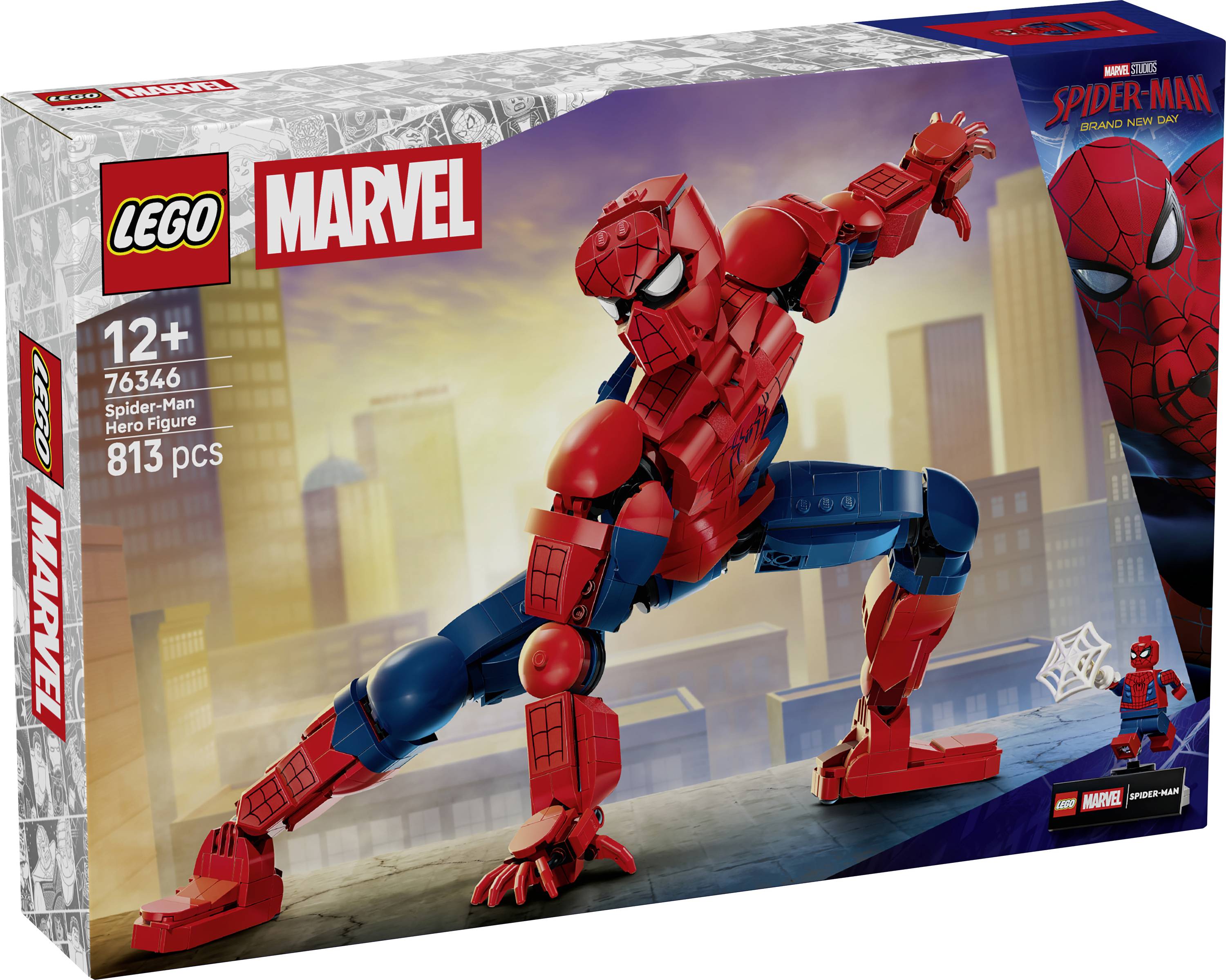 LEGO Marvel Spider-Man 12+ set box showing a red-and-blue Spider-Man figure posed in a crouch, with 813 pieces and set number 76346.