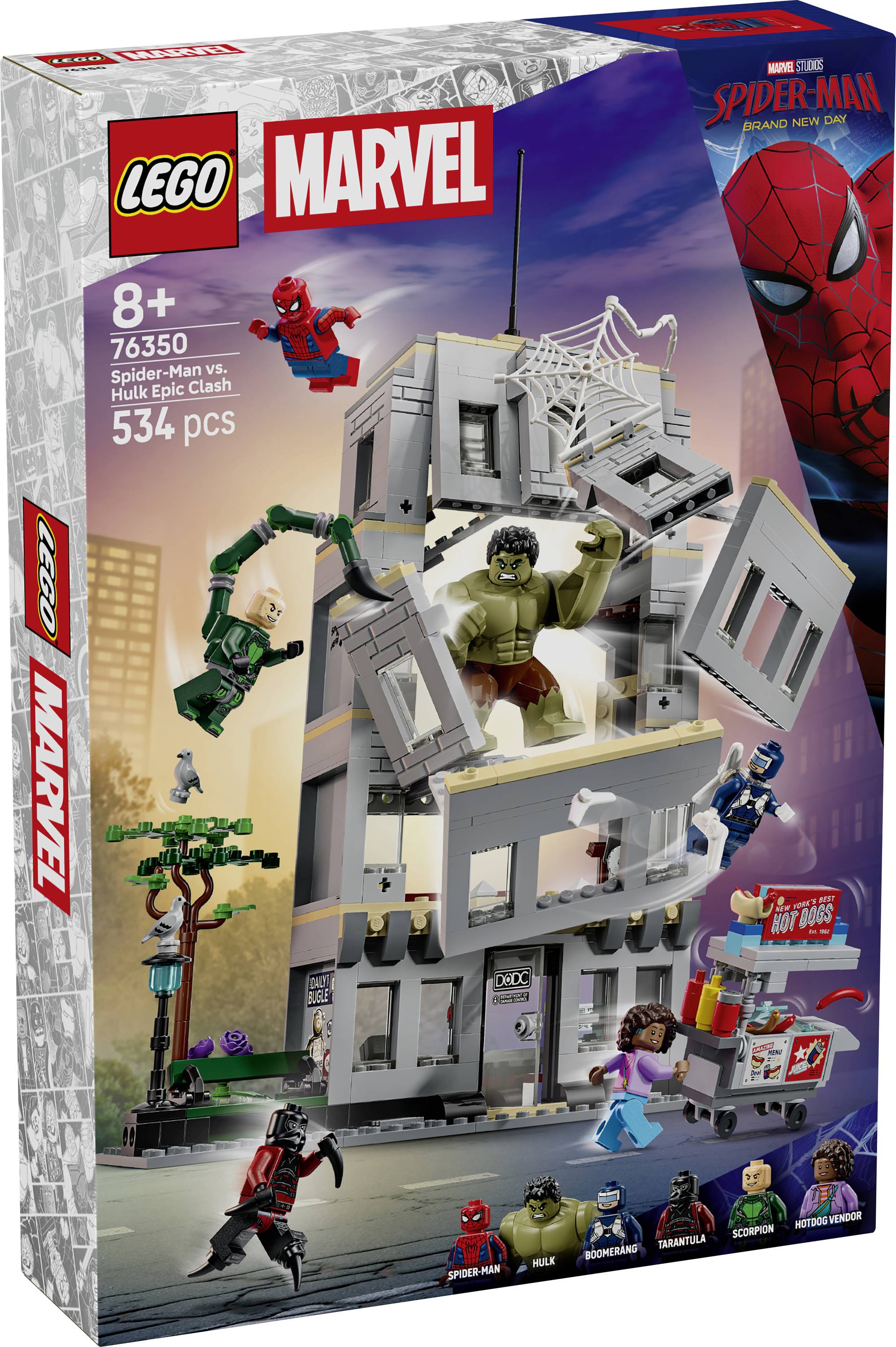 LEGO Marvel Spider-Man vs. Hulk playset box showing a ruined building battle scene with Spider-Man, Hulk, villains, minifigures, and '534 pcs' for ages 8+.