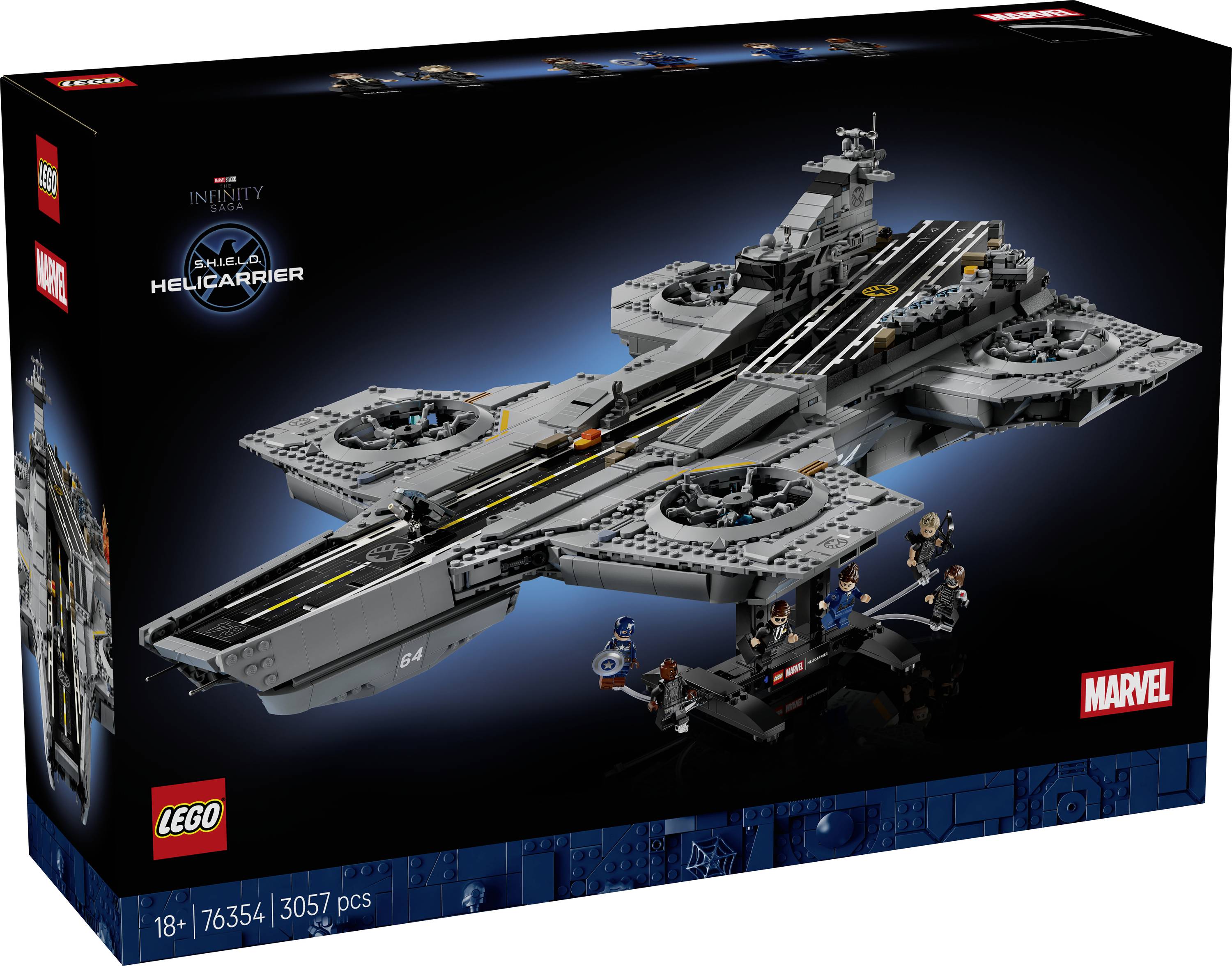 LEGO Marvel Infinity Saga 'SHIELD Helicarrier' set box art showing a large gray aircraft carrier model and minifigures, labeled 18+, 76354, 3057 pcs.