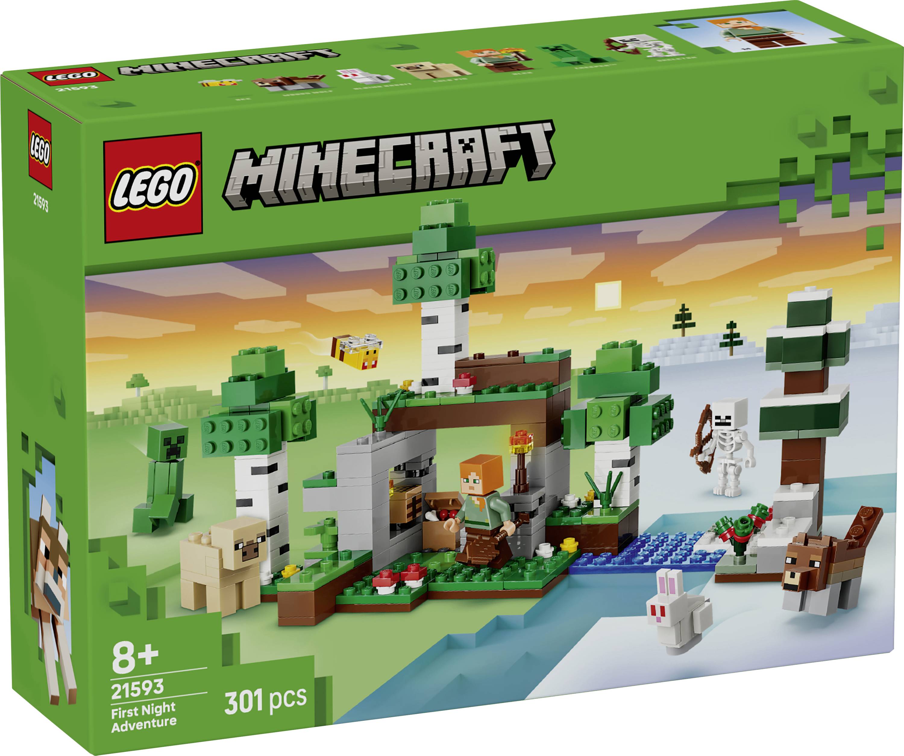 LEGO Minecraft 'First Night Adventure' set box showing a blocky campsite scene with trees, a cave, animals, and a skeleton; 301 pieces, ages 8+.
