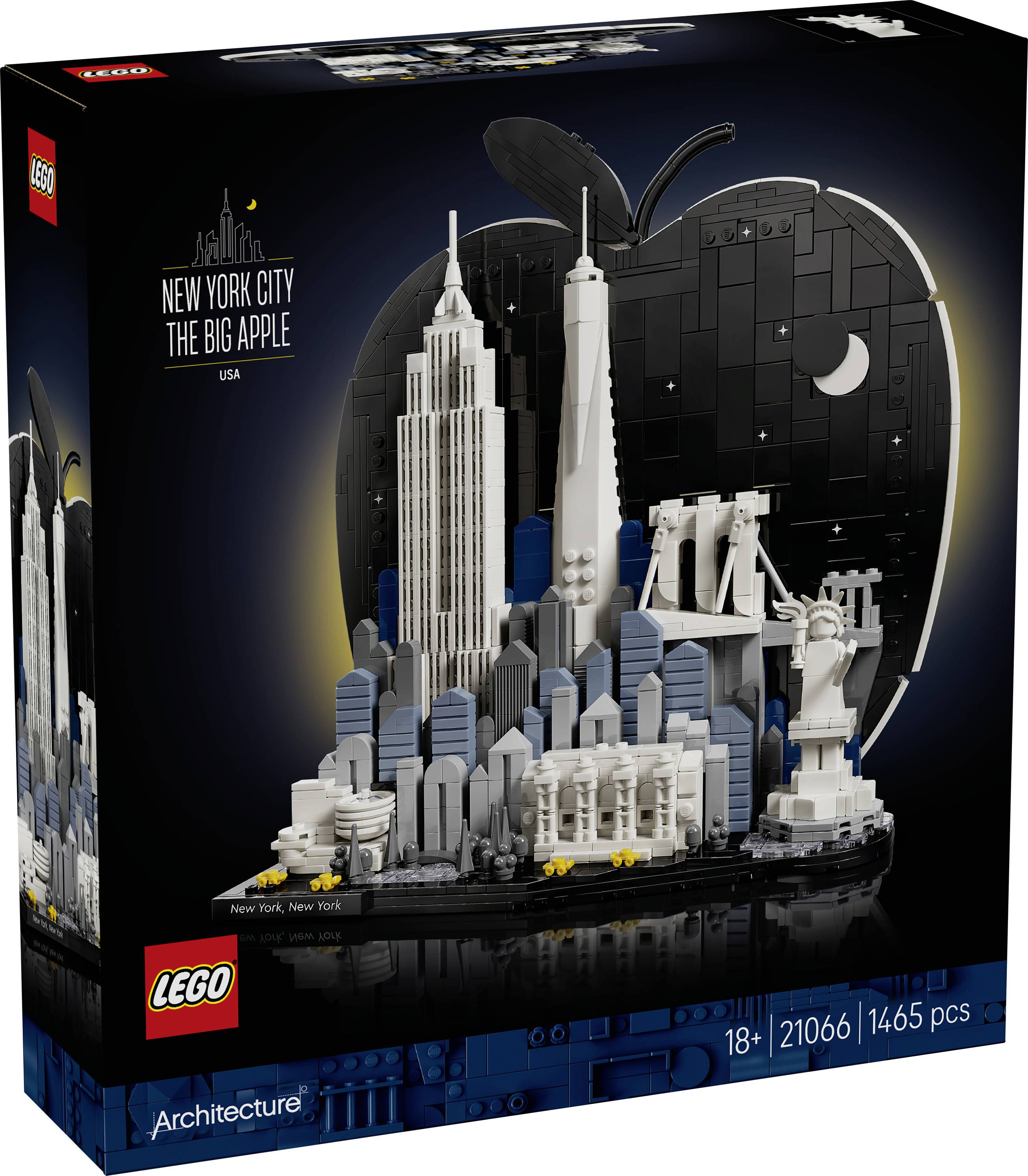LEGO Architecture 'New York City The Big Apple' set box showing a model of Manhattan landmarks, including the Empire State Building and Statue of Liberty, 1465 pieces, ages 18+
