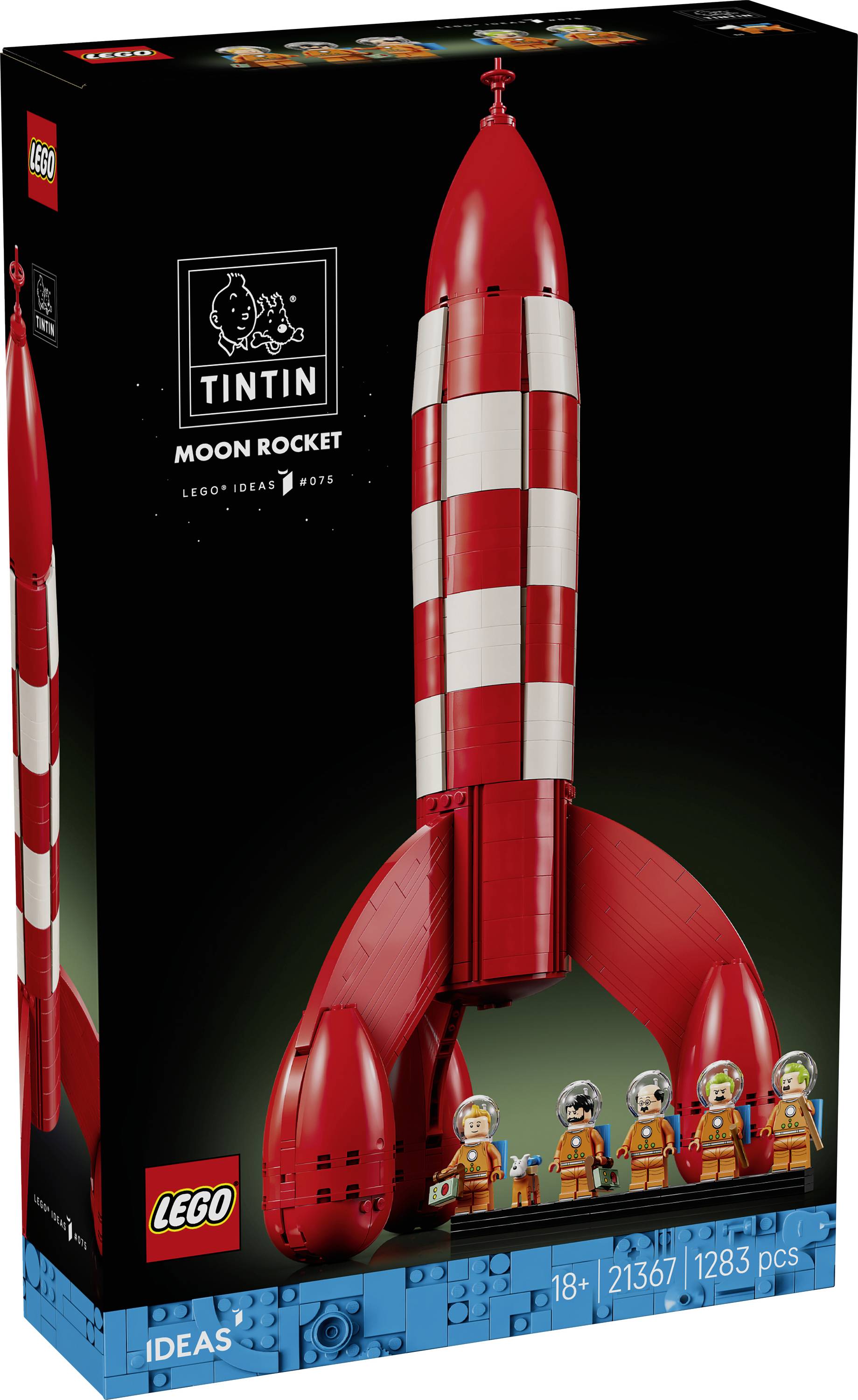 LEGO Icons 'Tintin Moon Rocket' set box, showing a red-and-white rocket with Tintin and crew figures; 18+, set 21367, 1,258 pieces.