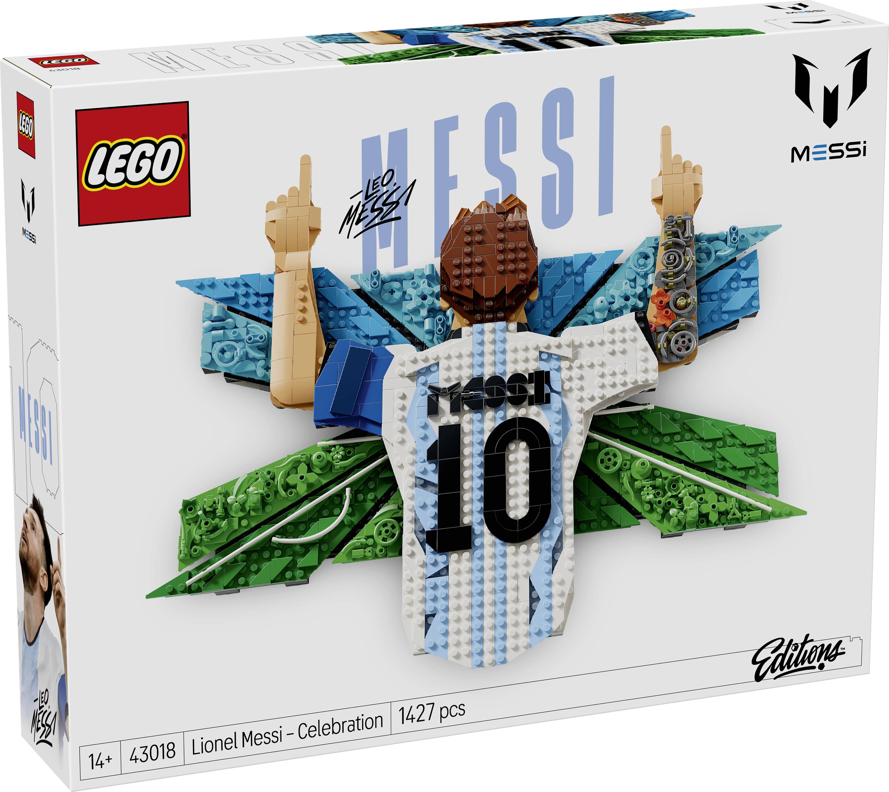 LEGO Icons set box for 'Lionel Messi - Celebration' showing a brick-built Messi figure in Argentina colors with raised arm and number 10 jersey, 1427 pieces, ages 14+