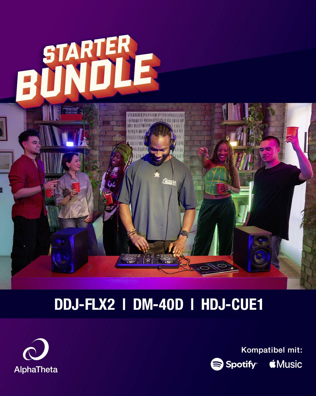Advertising poster for the 'Starter Bundle' from AlphaTheta: DJ at DJ controller with five people in the background; at the bottom are listed the DDJ-FLX2, DM-40D, HDJ-CUE1 as well as compatibility with Spotify and Apple Music.