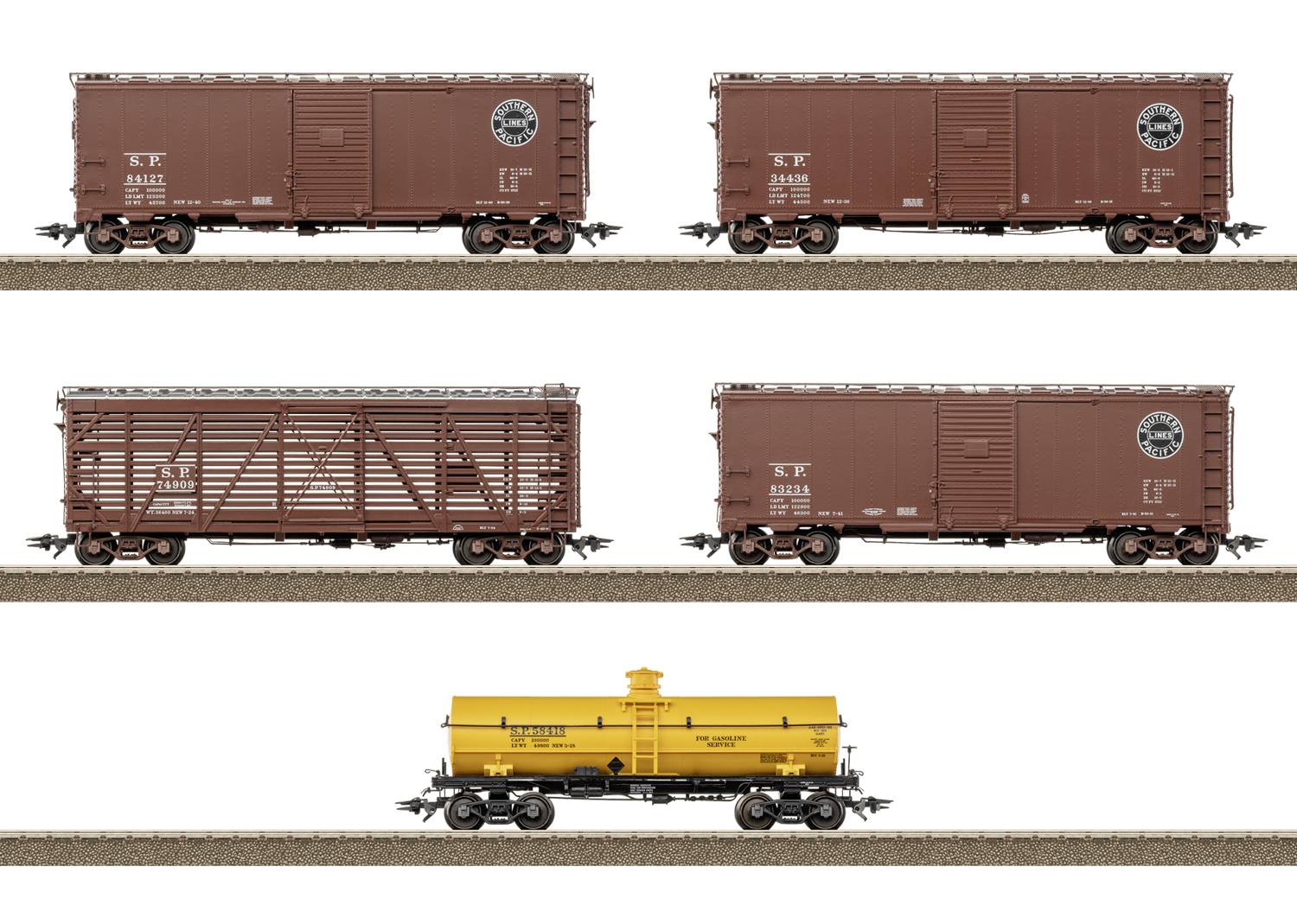 Five model freight cars on track: four brown boxcars in side view and one yellow tank car centered below, shown as product images on a white background.