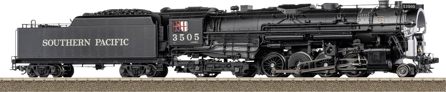 Southern Pacific steam locomotive 3505, black side view on tracks with tender labeled 'SOUTHERN PACIFIC'