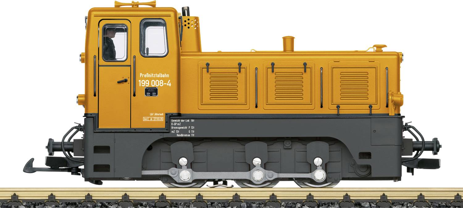 Orange and black rail maintenance locomotive shown in side view on tracks.