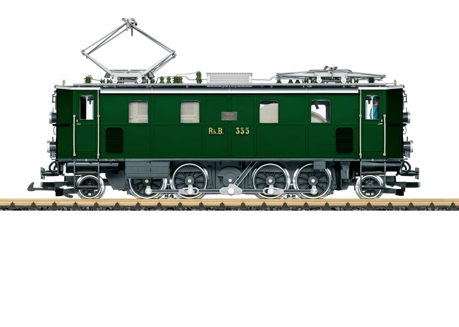 Side view of a green electric locomotive with raised pantograph, labeled 'R.B. 355', shown on tracks against a white background.