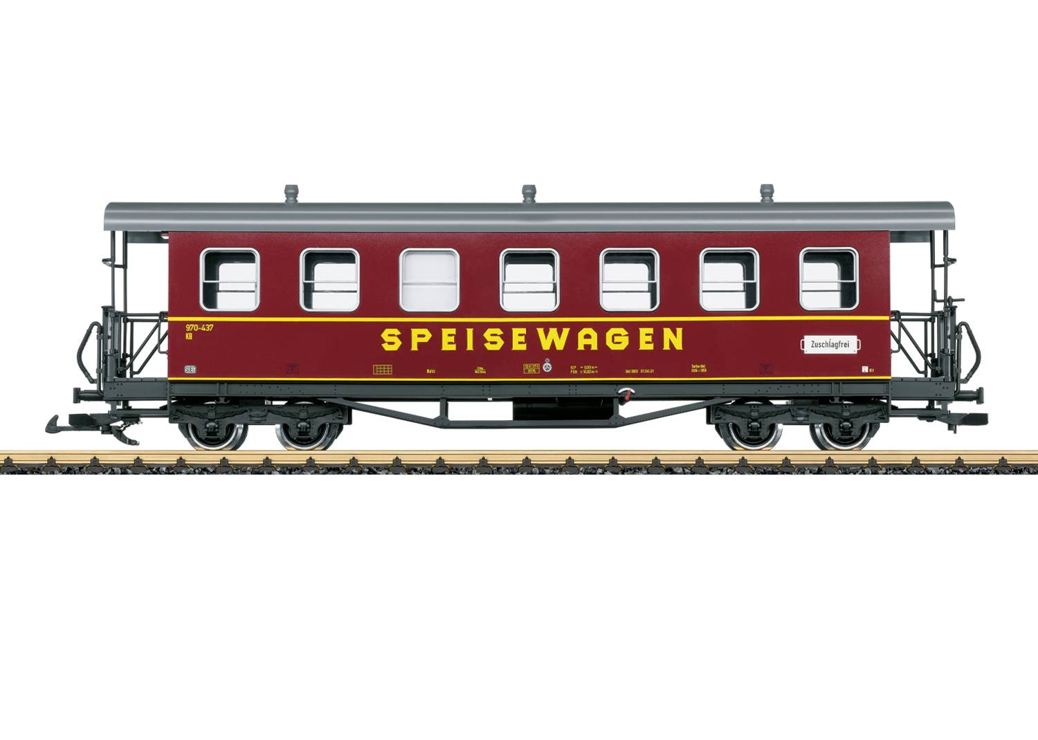 Red dining railcar model with 'SPEISEWAGEN' in yellow on the side, shown on tracks against a white background.