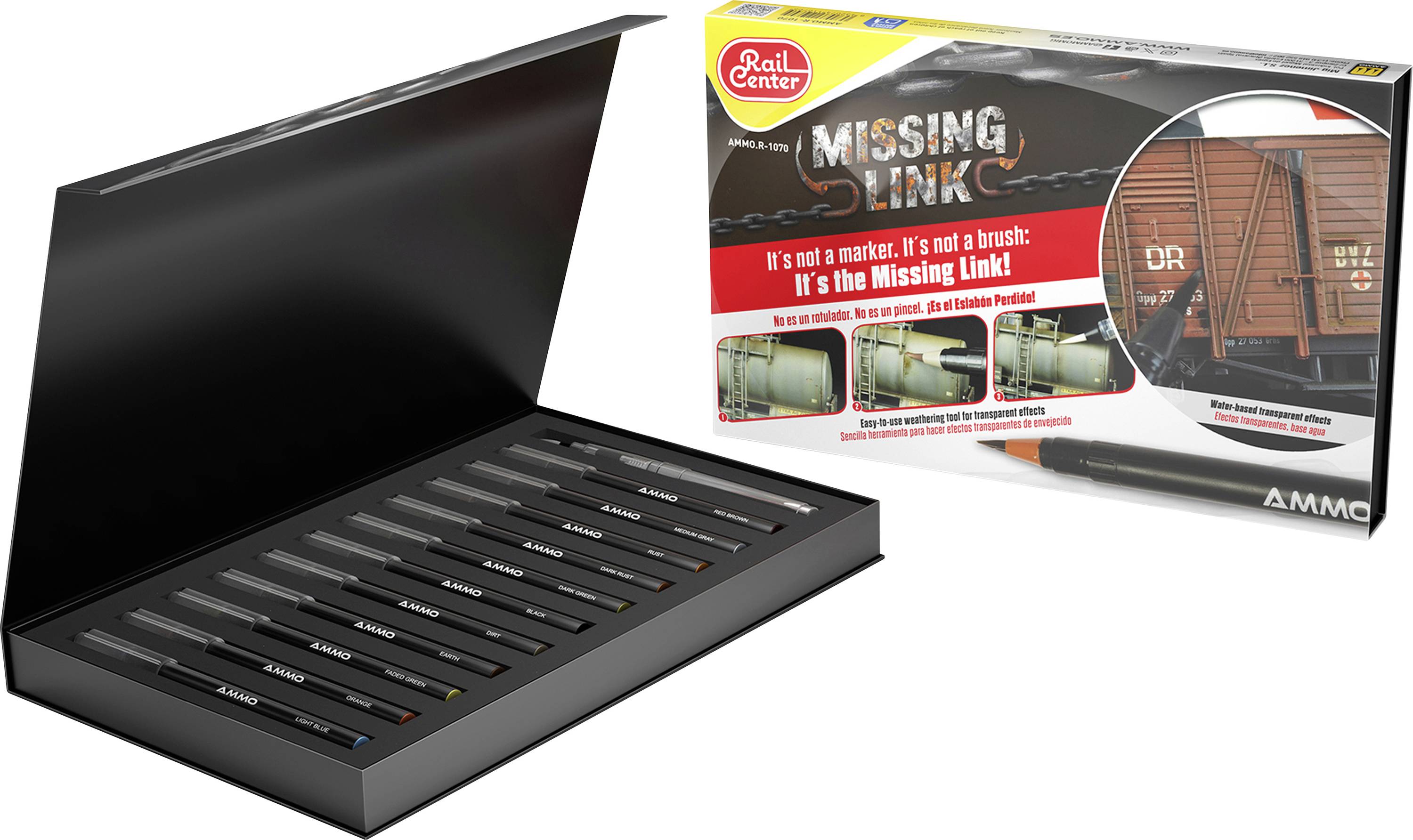 Black presentation case holding multiple weathering pigment sticks, shown beside the product box labeled 'Missing Link' by Rail Center/Ammo.