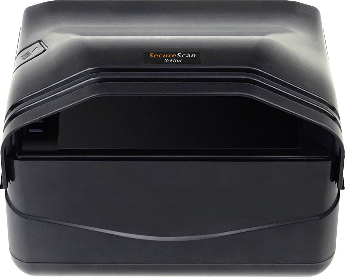 Black SecureScan X-Mini scanner with a front document slot and curved compact housing.