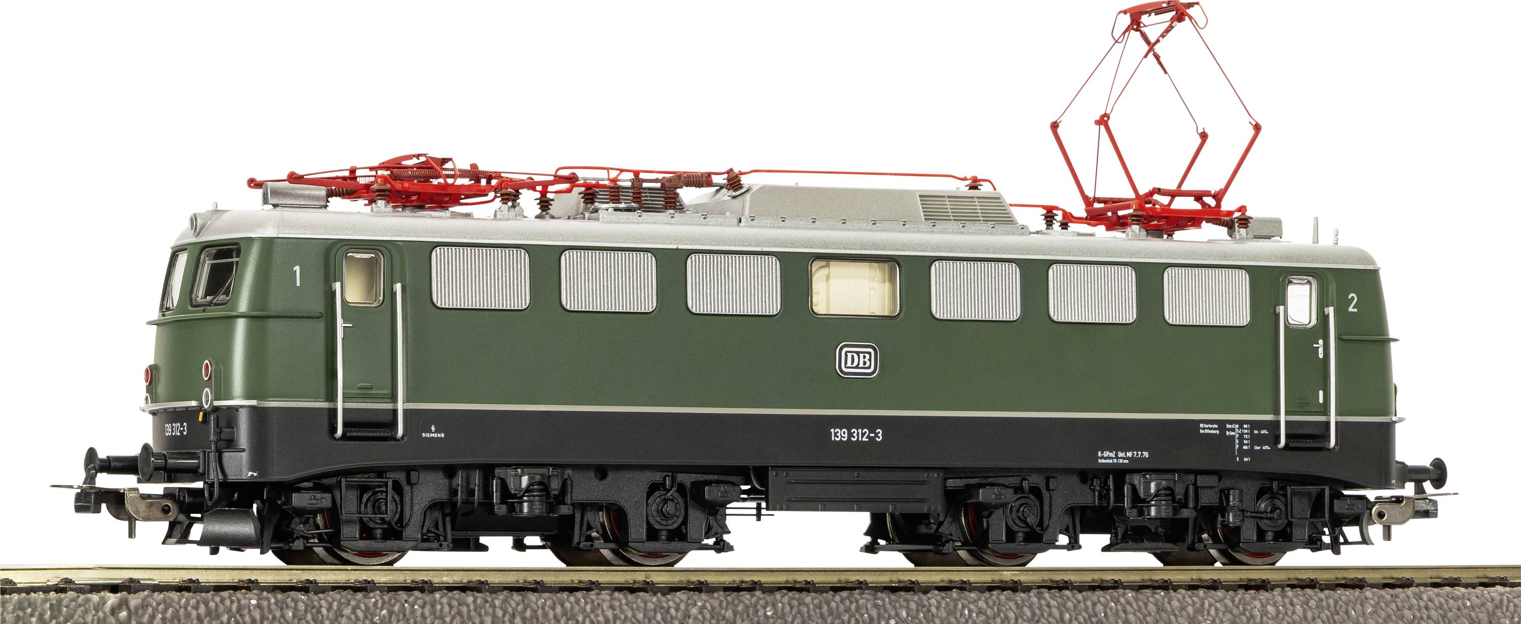 Green electric locomotive shown in side view, with red pantographs raised on a track against a plain white background.