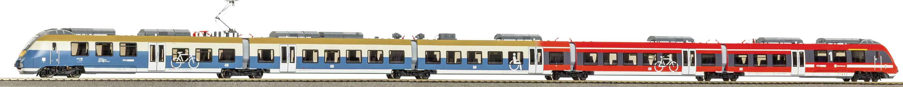 Side view of a blue-and-white passenger train with red accented cars, shown on tracks against a plain background.