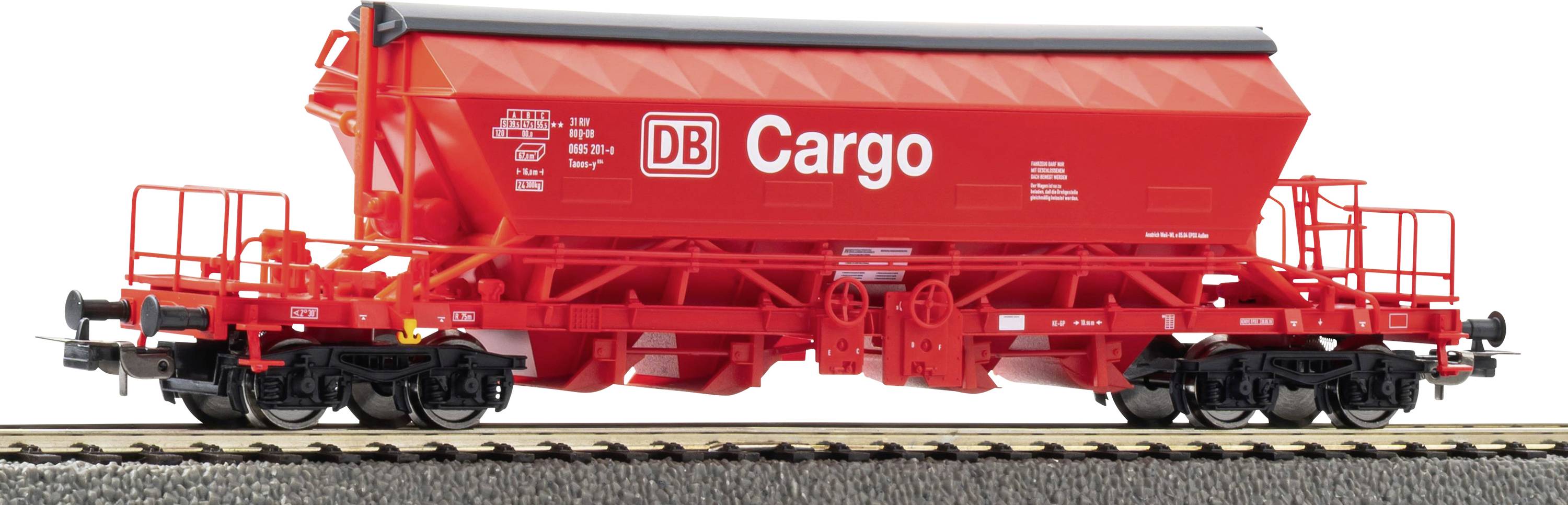 Red DB Cargo freight rail wagon model in bright red, shown side-on on train tracks against a white background.