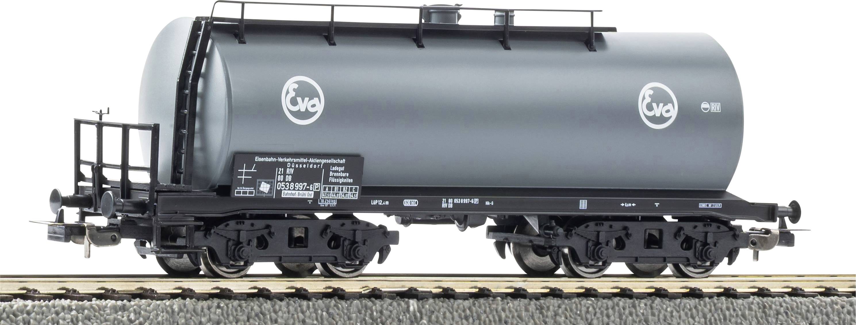 Gray Ewa rail tanker wagon on tracks, shown side view with black undercarriage and ladder details.
