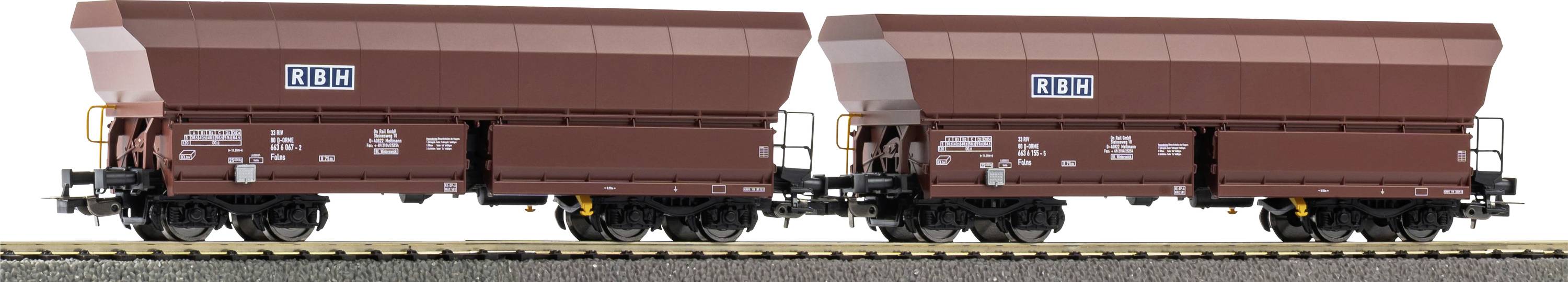 Two brown hopper freight railcars side by side, labeled 'RHH', shown in profile on a white background.