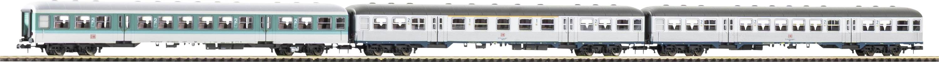 A side view of a long passenger train with blue and white cars shown on a plain background.