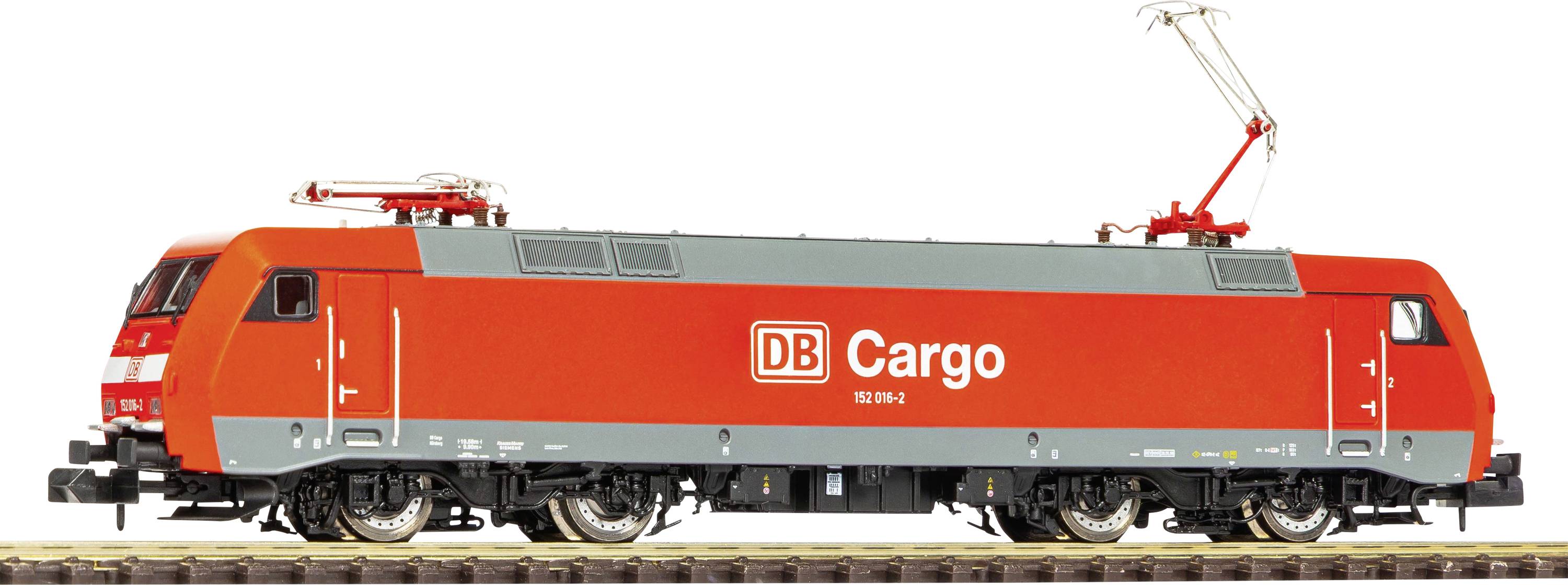 Red DB Cargo electric freight locomotive in side view on a white background, with a raised pantograph and roof equipment visible.