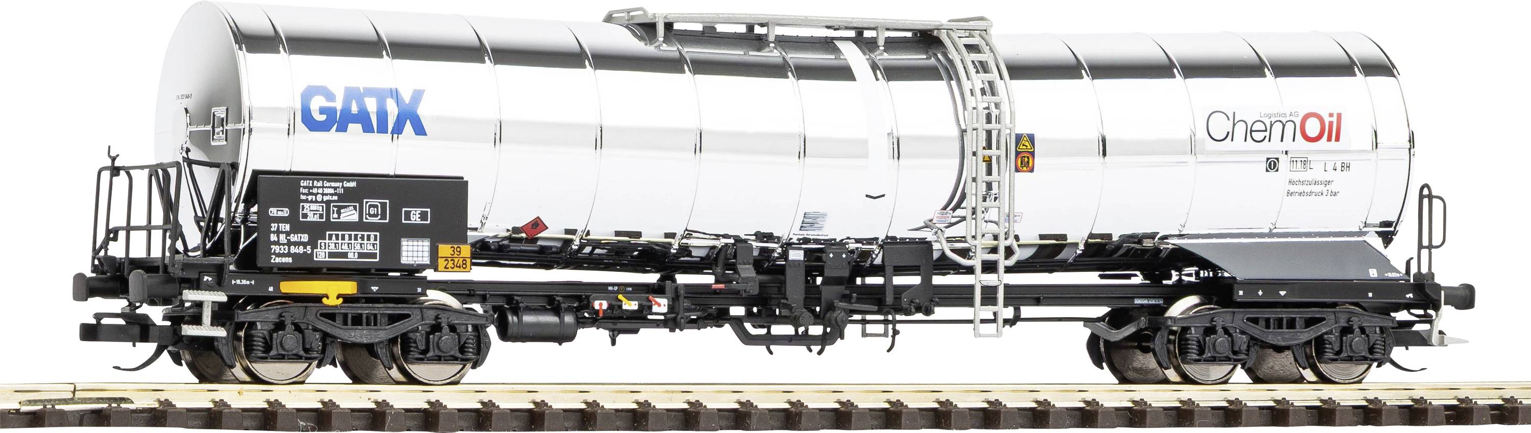 A white GATX rail tanker car labeled ChemOil sits on train tracks, shown in side view against a plain background.