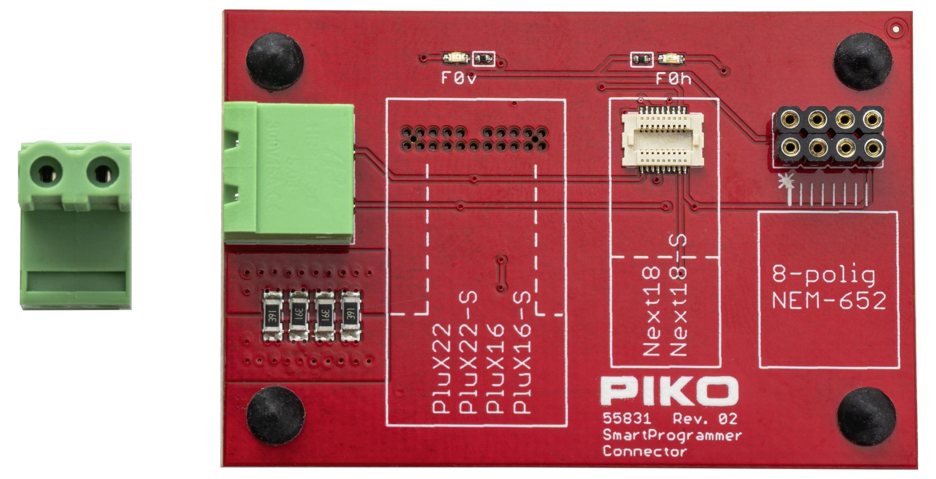 Red PIKO smart programmer connector board with labeled Pin 22, 26, 18, and 16 sockets, plus a separate green 2-pin terminal block.