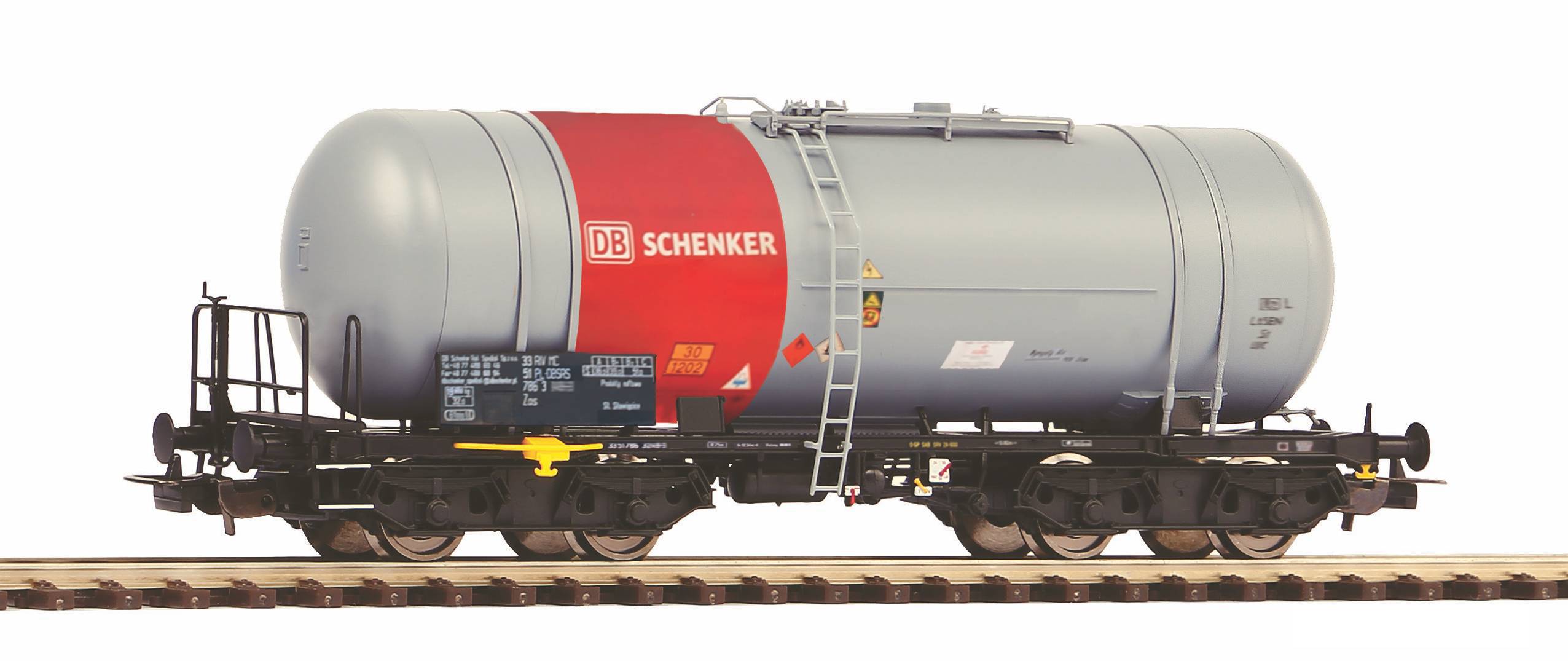 Gray DB Schenker rail tanker car with a red logo panel, shown side view on tracks.
