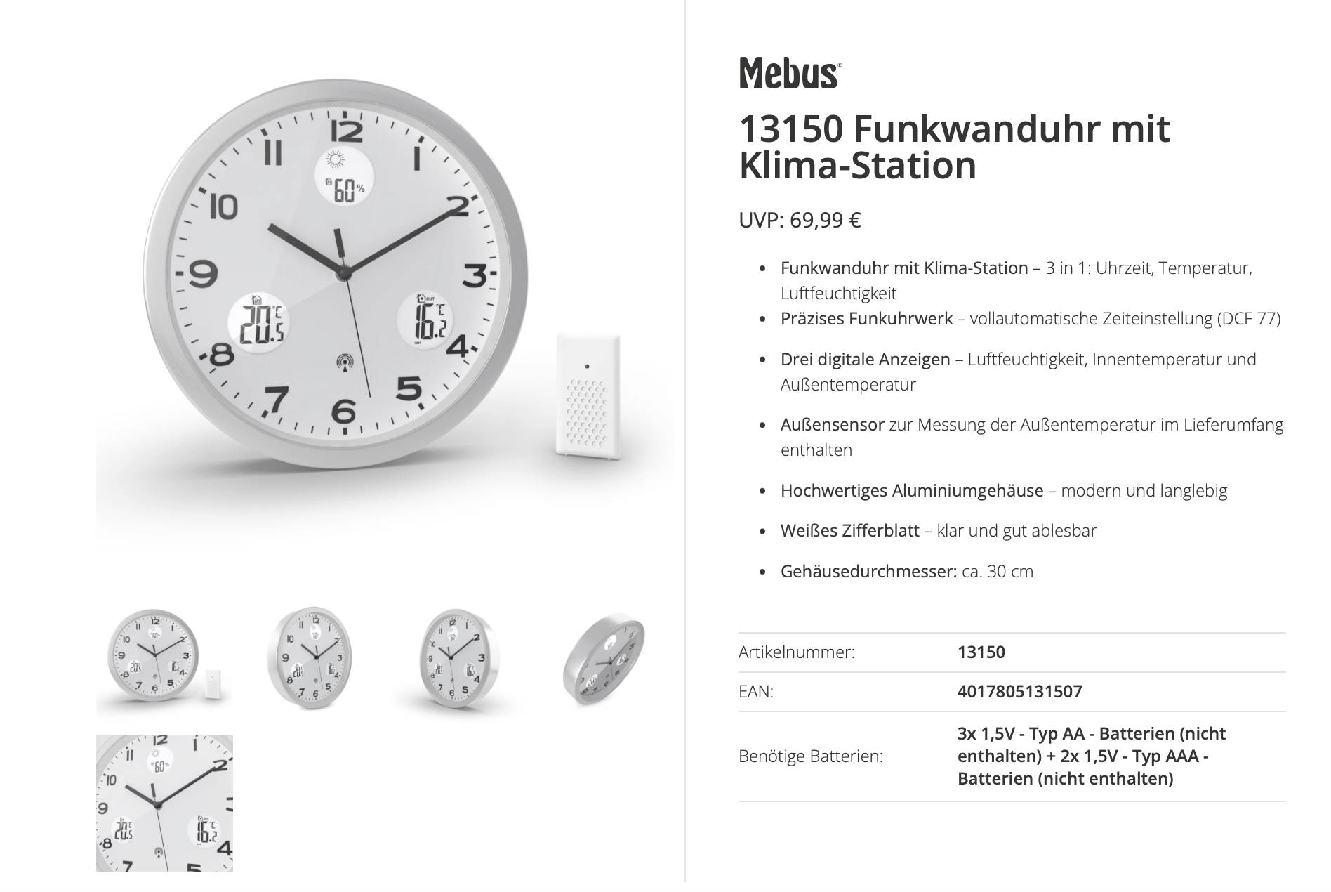 Product image of a Mebus 13150 radio-controlled analog clock with climate station, showing time, temperature, humidity, and outdoor sensor; price €99.90.