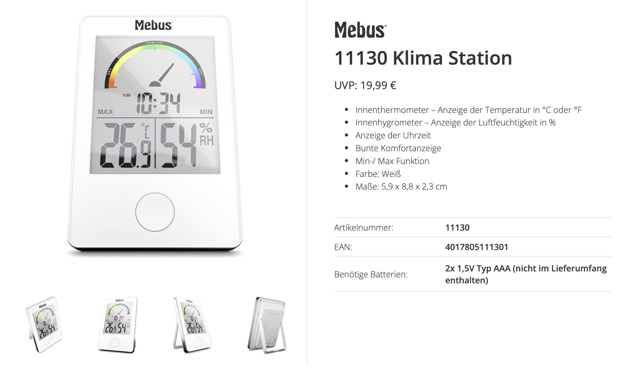 Product image of a Mebus 11130 climate station showing an indoor thermometer, humidity display, clock, and colorful comfort gauge, with product specs listed beside it.
