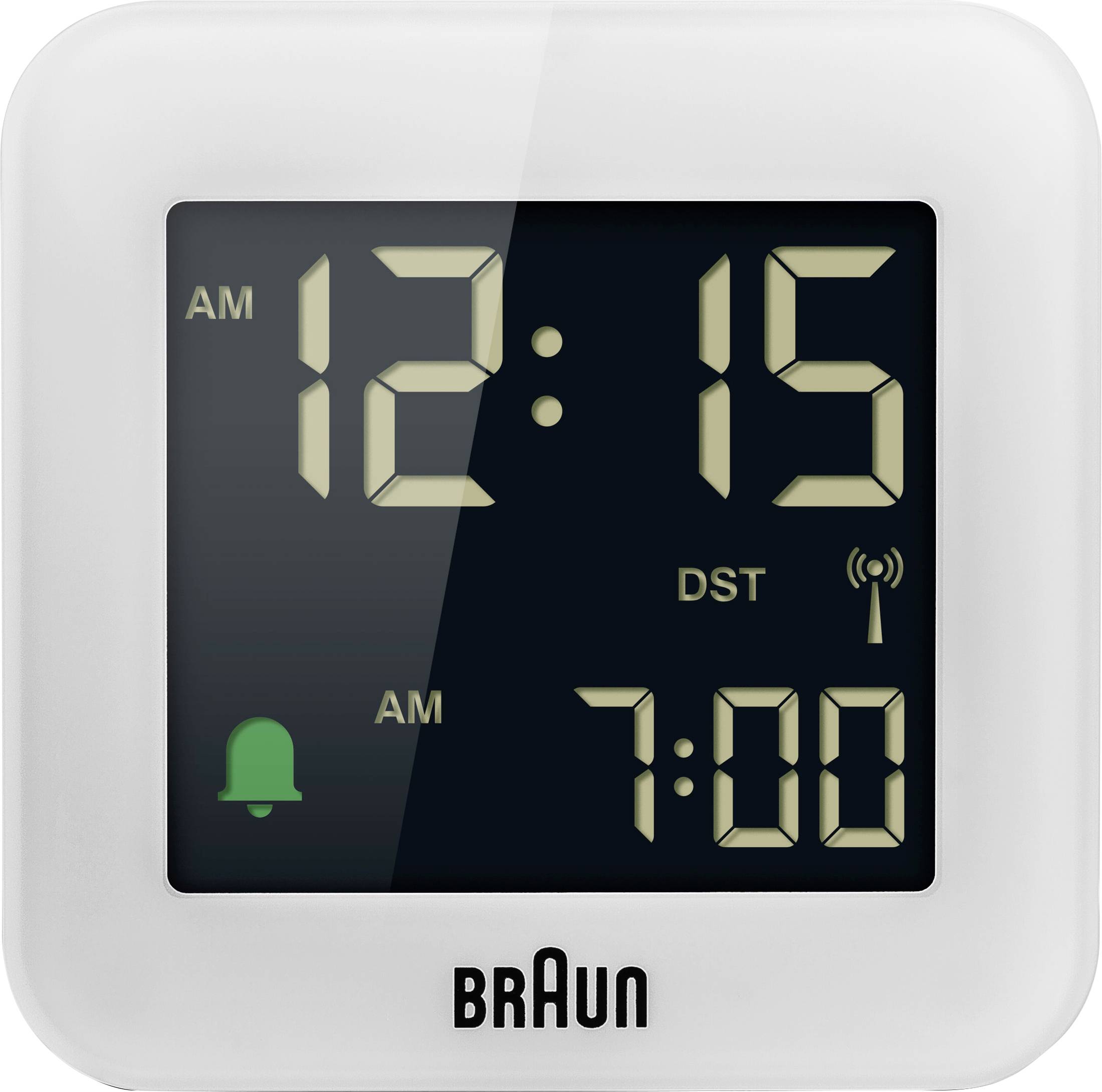 Braun digital alarm clock display showing 12:15 AM and 7:00 AM alarm, with DST indicator and green alarm icon.