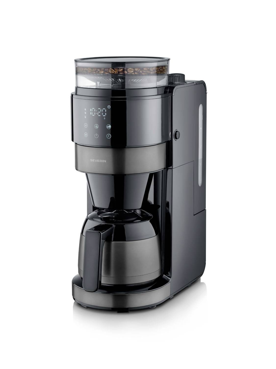Automatic drip coffee maker with a glass carafe, bean hopper, and touch control panel in a side view.