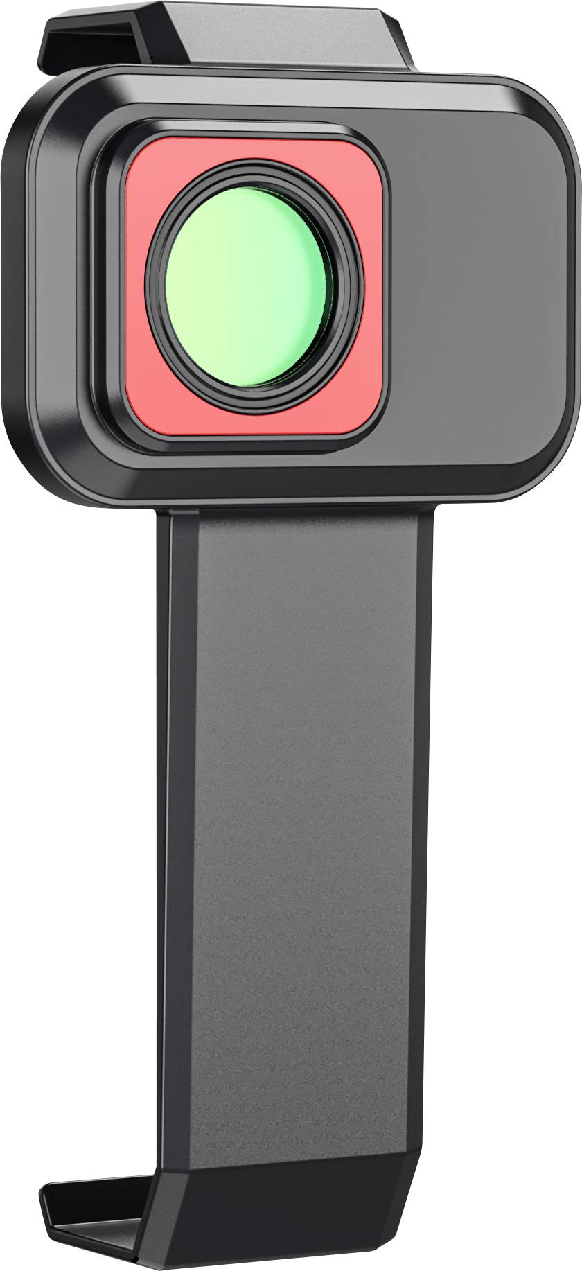 A black handheld device with a large green circular button on a red square face, resembling a scanner or controller.