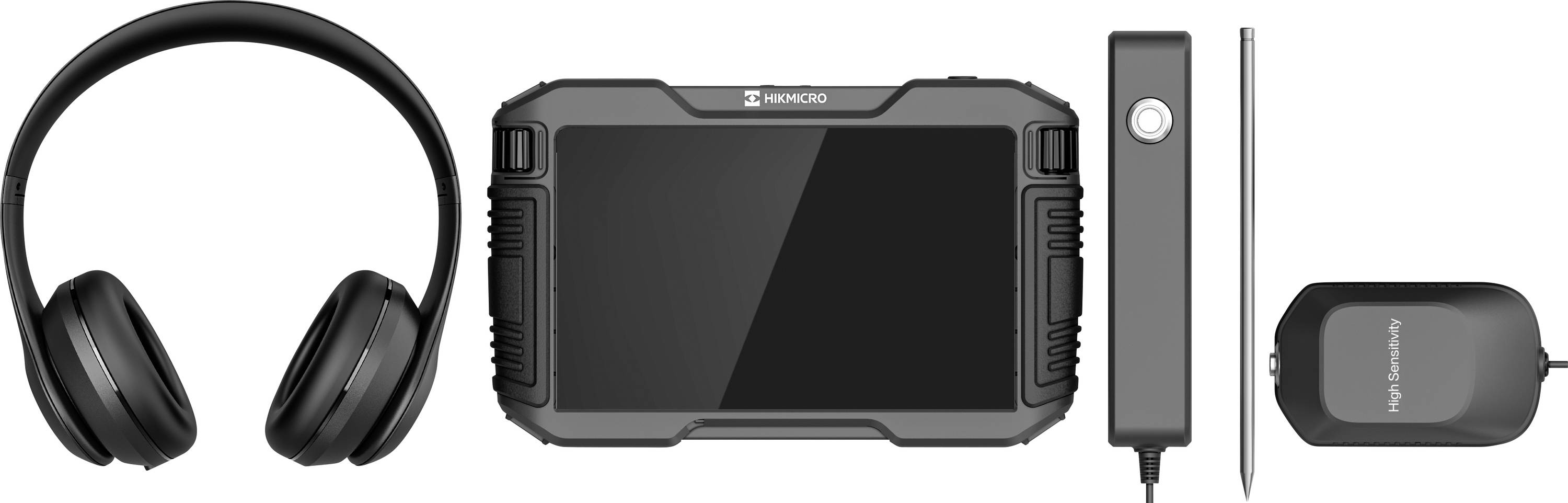 Rugged black tablet or handheld device shown with accessories: headphones, a charging cable, a stylus, and a small carrying case.