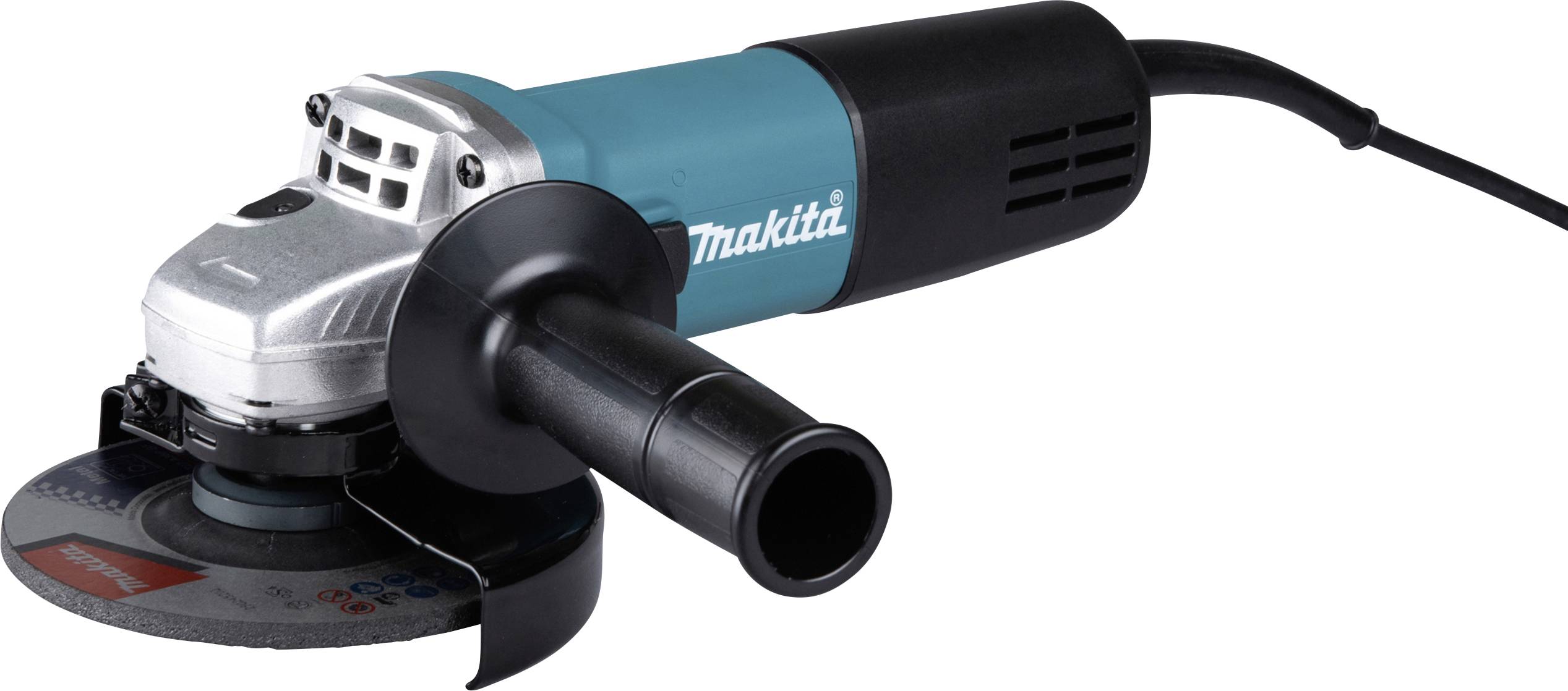 Makita corded angle grinder with side handle and cutting disc on a white background.