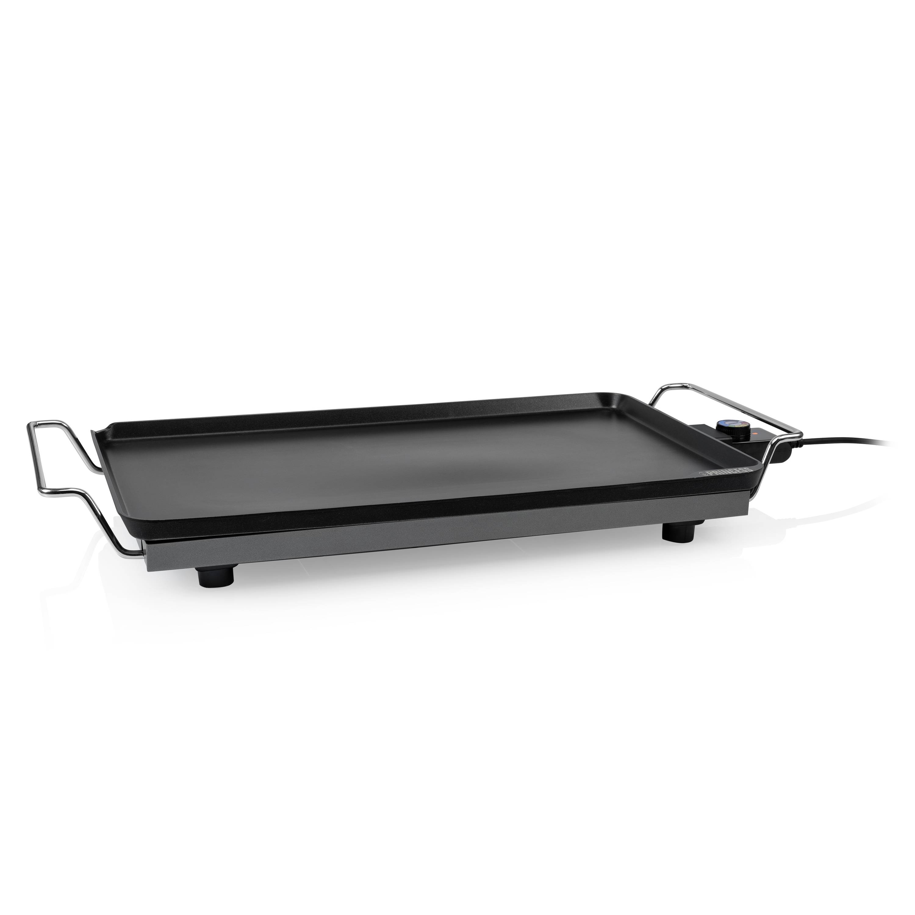 Black electric griddle with flat rectangular cooking surface, side handles, and power cord, shown on a white background.