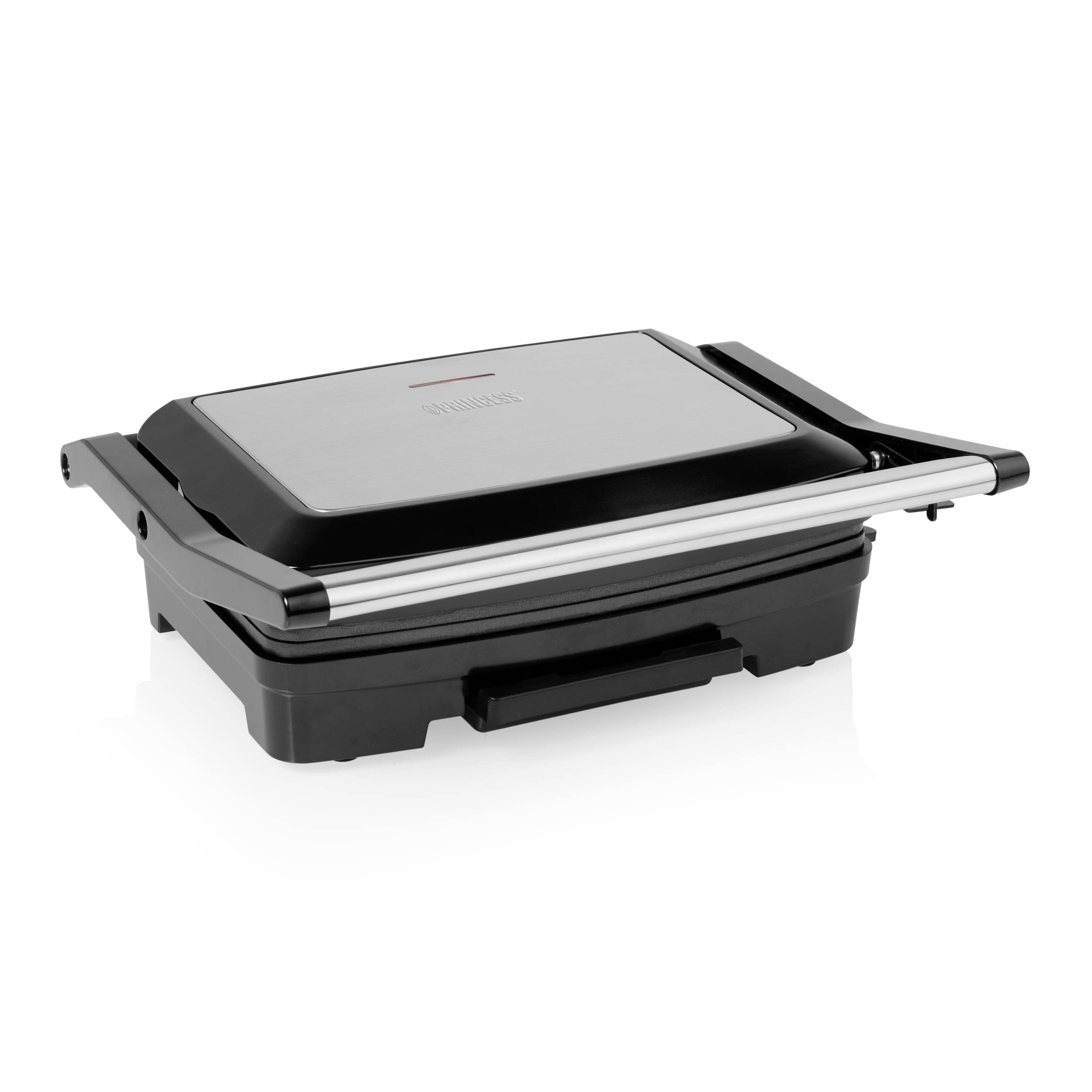 Closed black and silver electric grill or sandwich press on a white background.