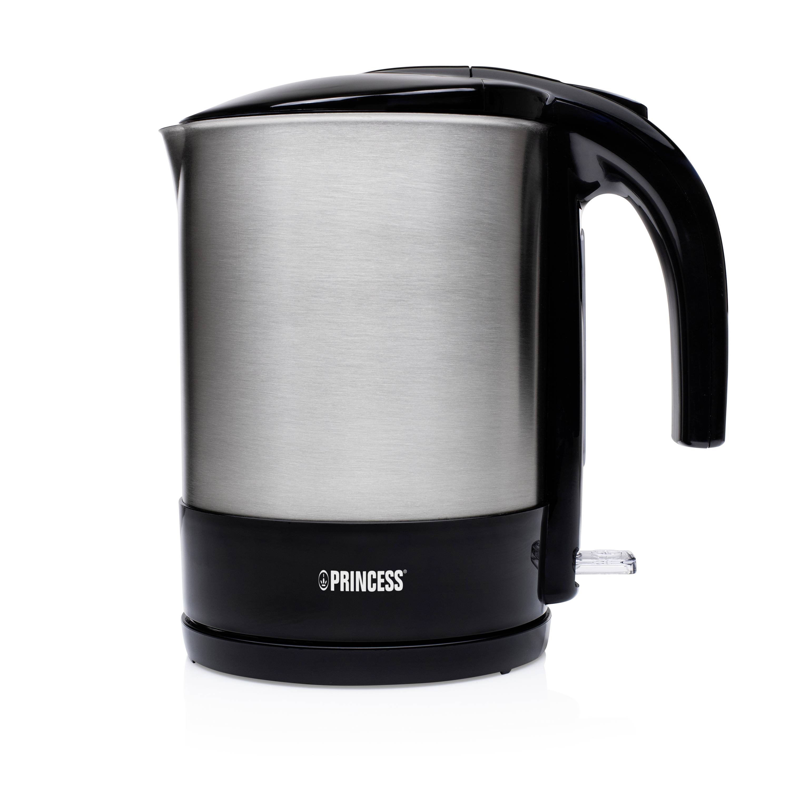 Stainless steel electric kettle with black handle and base, branded 'PRINCESS', shown on a white background.