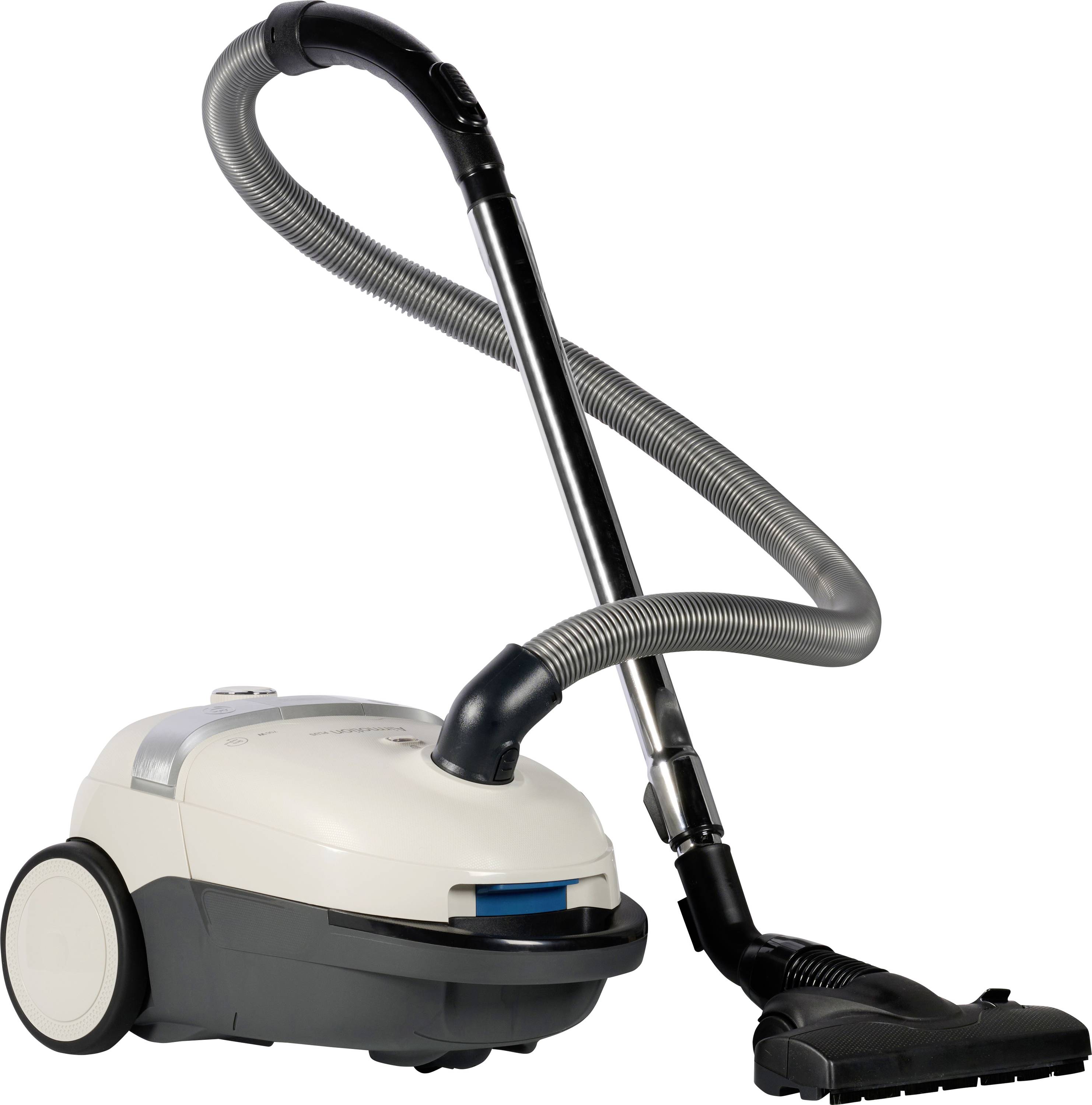 Canister vacuum cleaner with hose, wand, and floor head on a white background.