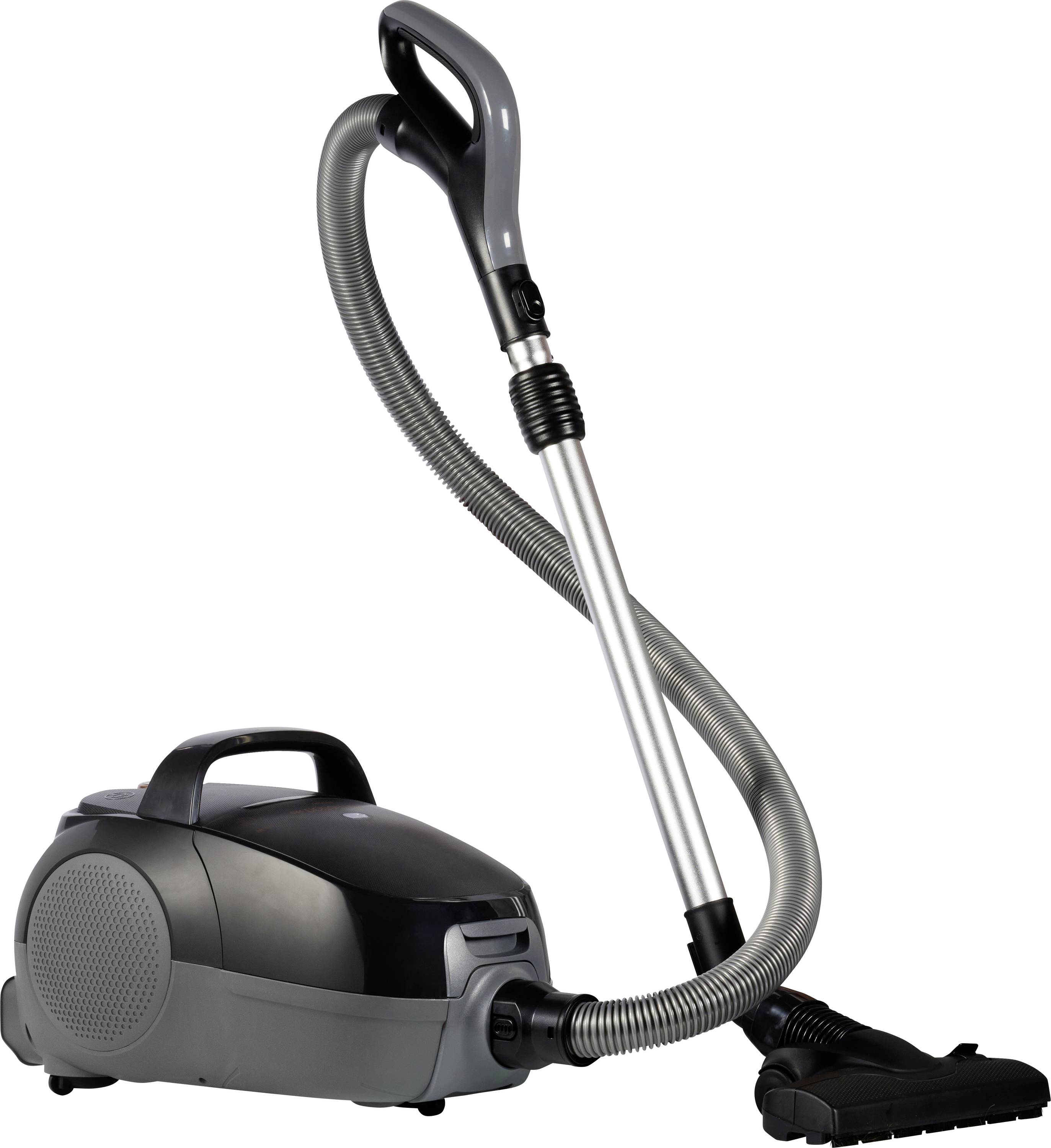 Canister vacuum cleaner with hose, wand, and floor nozzle on a white background.